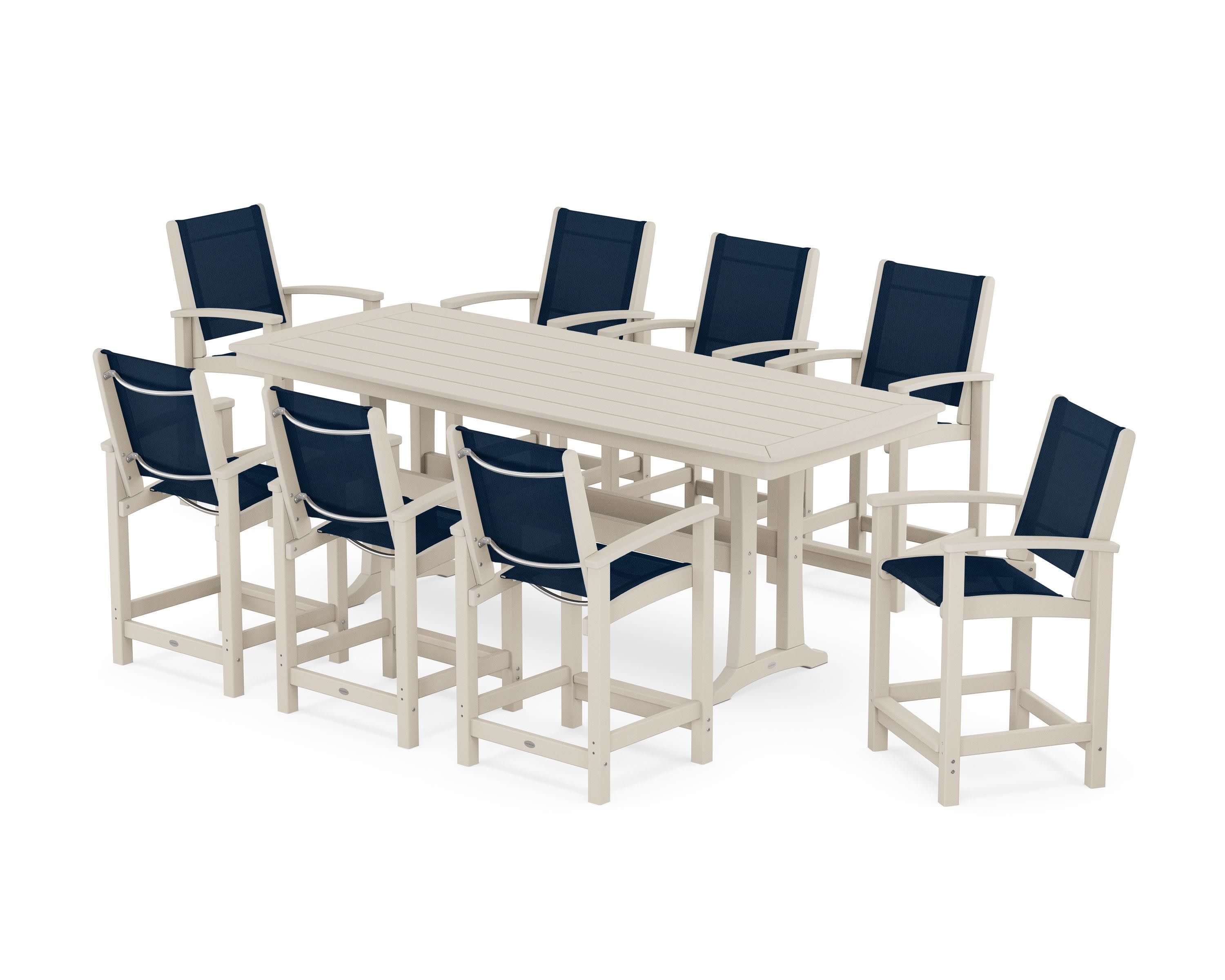 Coastal 9-Piece Counter Set with Trestle Legs in Sand / Navy Blue Sling