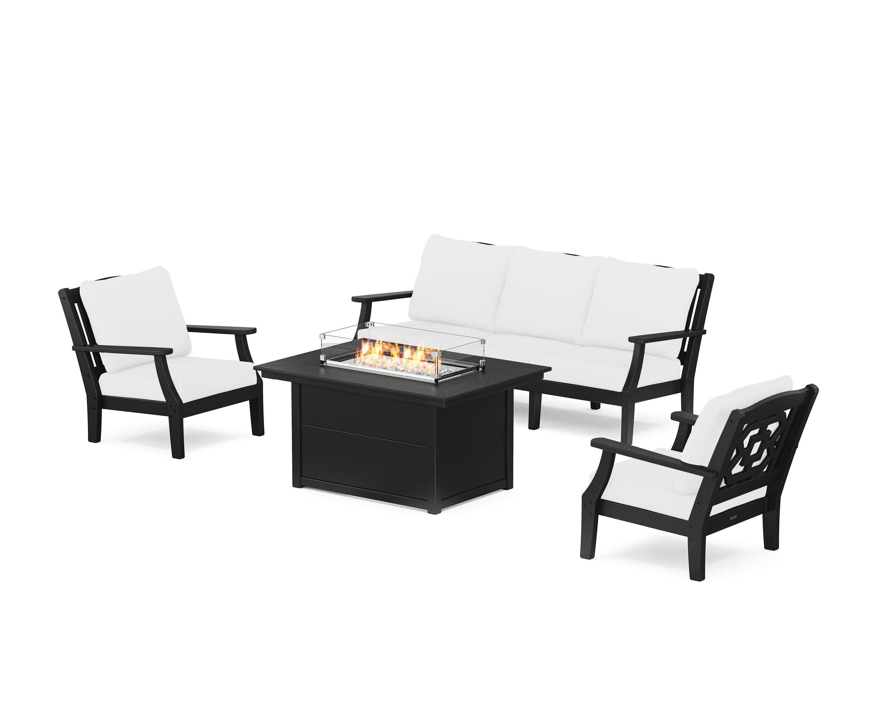 Chinoiserie Deep Seating Fire Pit Table Set in Black / Natural