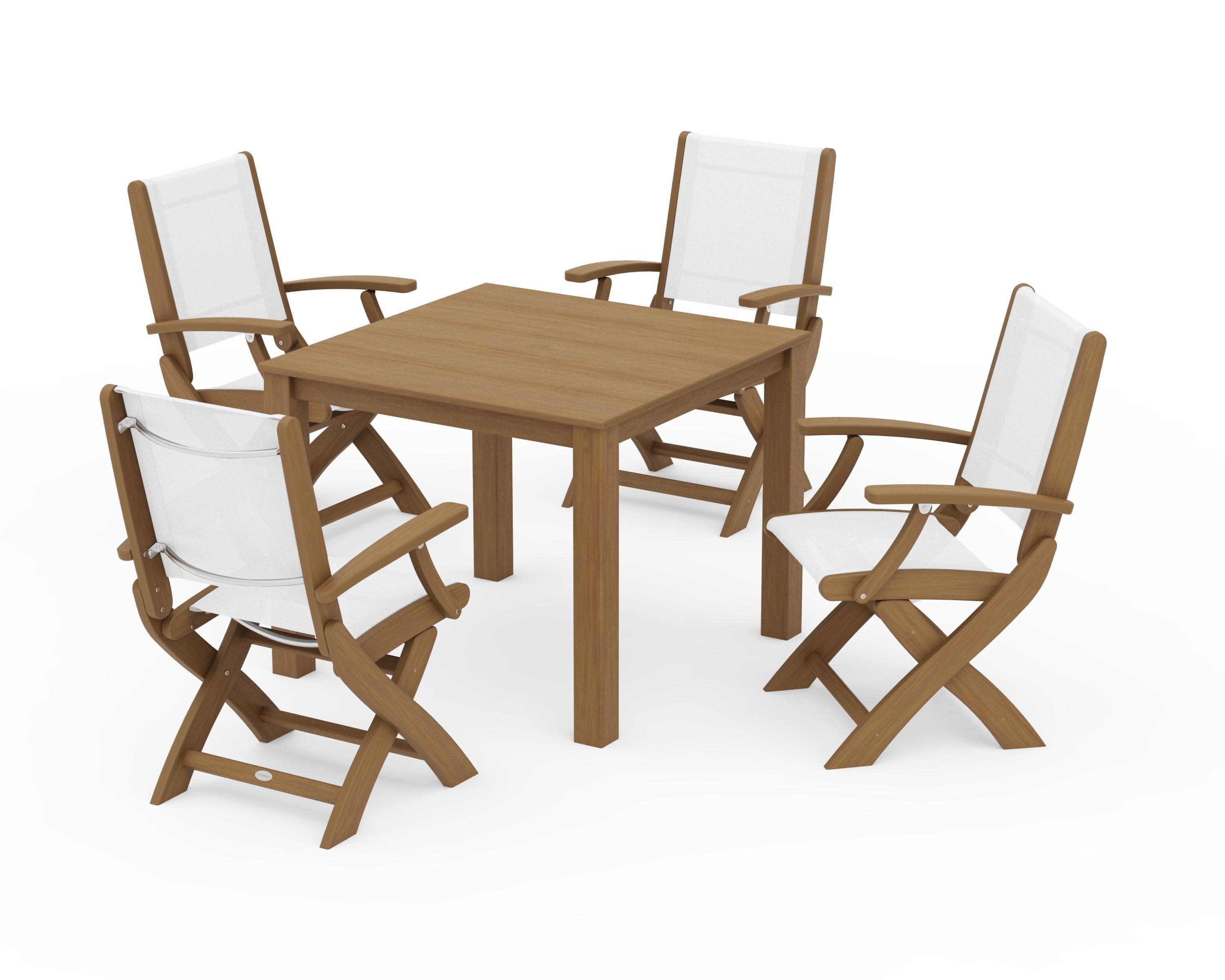 Coastal Folding Chair 5-Piece Parsons Dining Set in Natural / White Sling