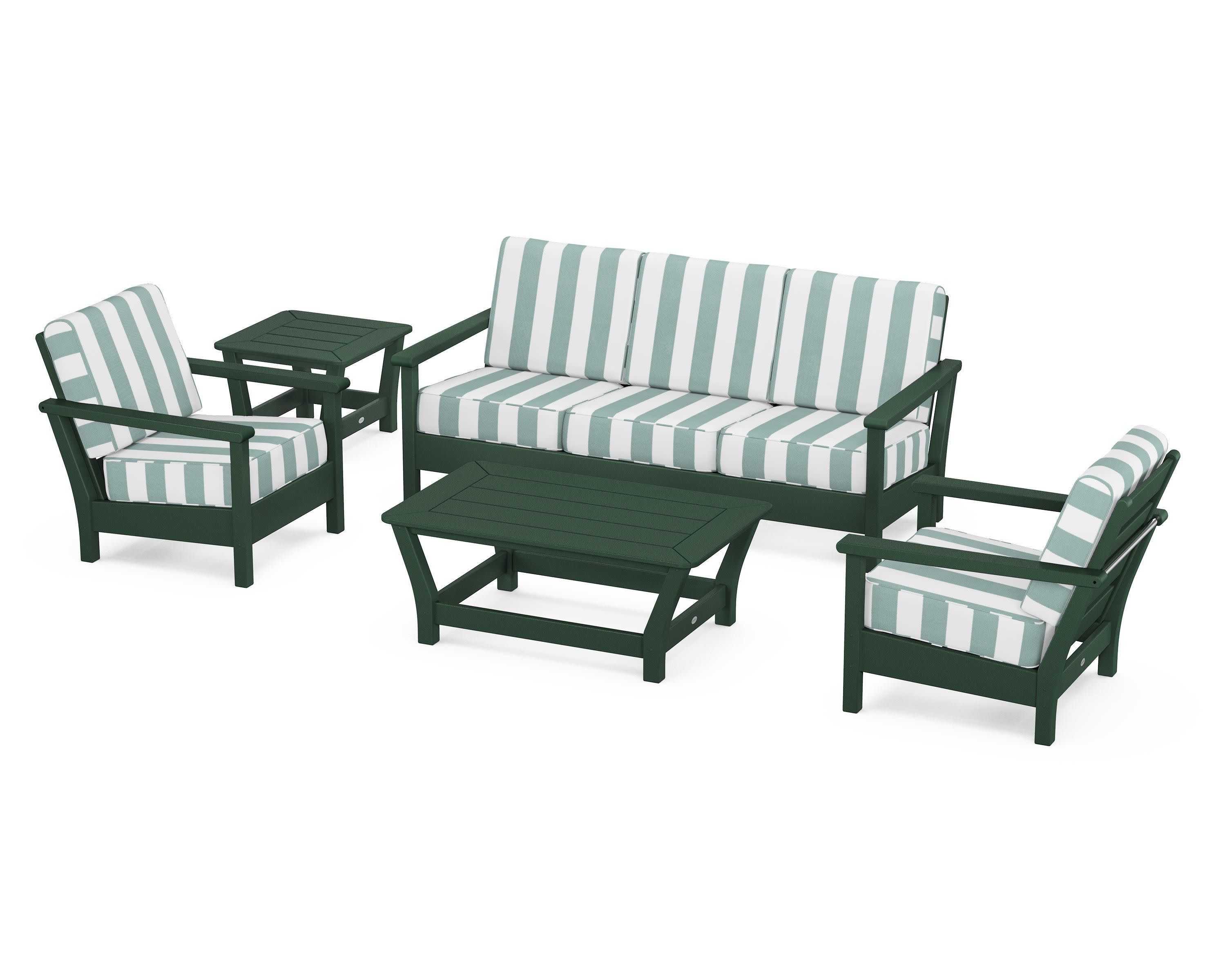 Harbour 5-Piece Deep Seating Set in Green / Cabana Stripe Glacier Spa