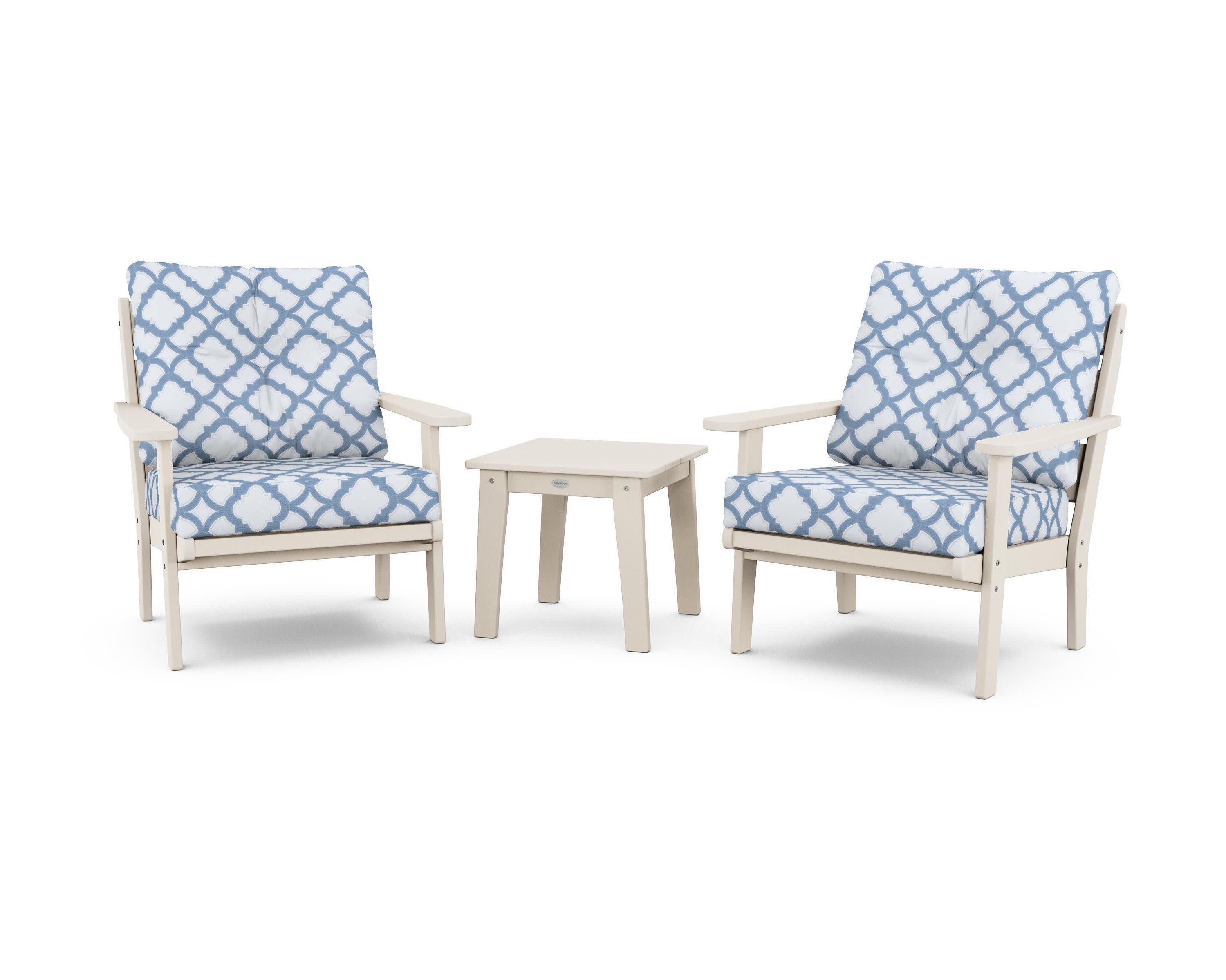 Lakeside 3-Piece Deep Seating Chair Set in Sand / Trellis Sky Blue