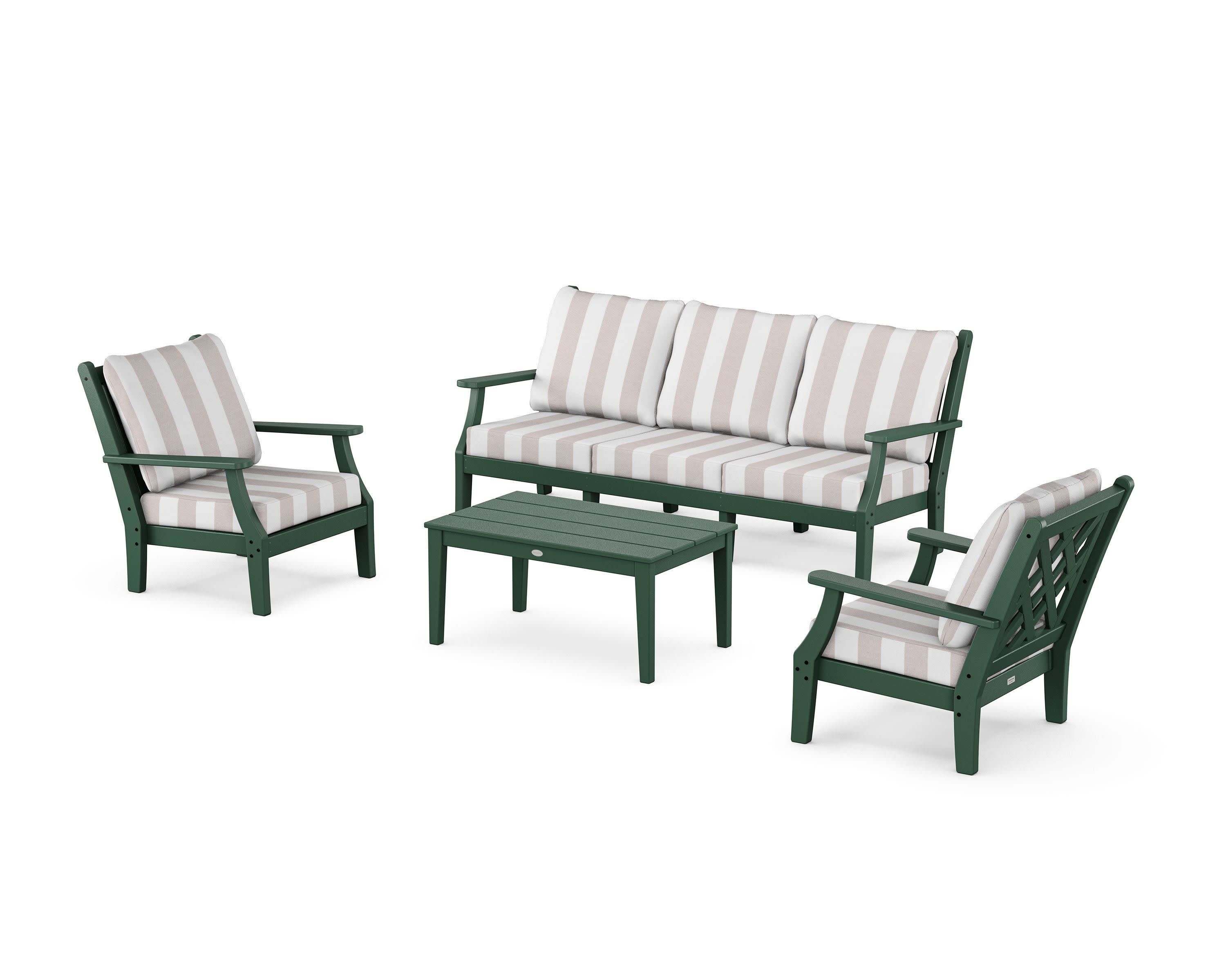 Wovendale 4-Piece Deep Seating Set with Sofa in Green / Cabana Stripe Dune Burlap