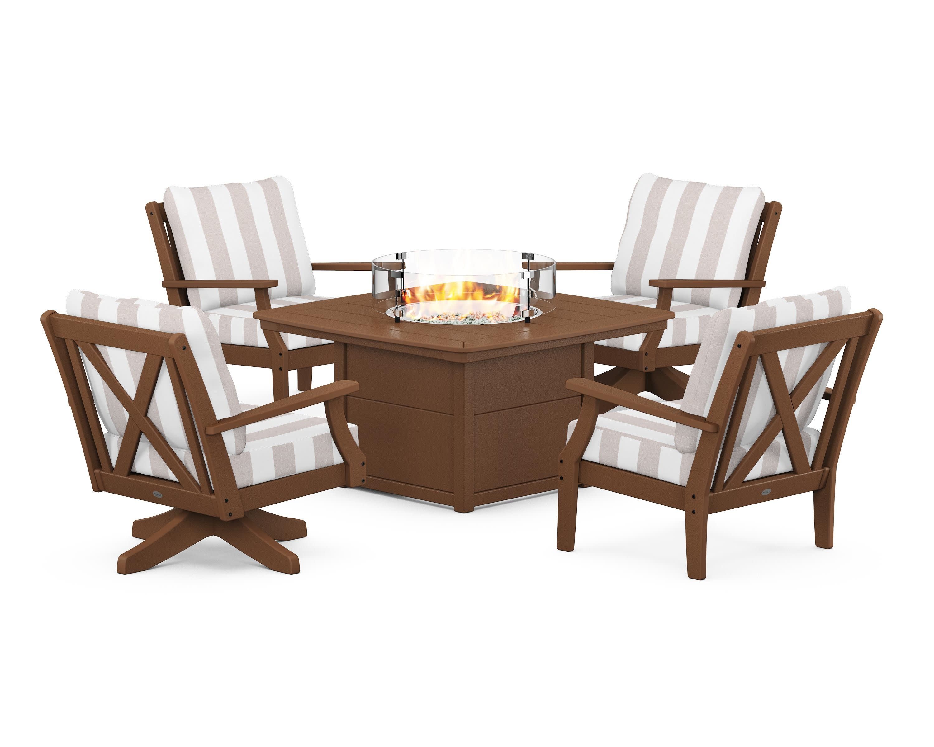Braxton 5-Piece Deep Seating Set with Fire Table in Teak / Cabana Stripe Dune Burlap