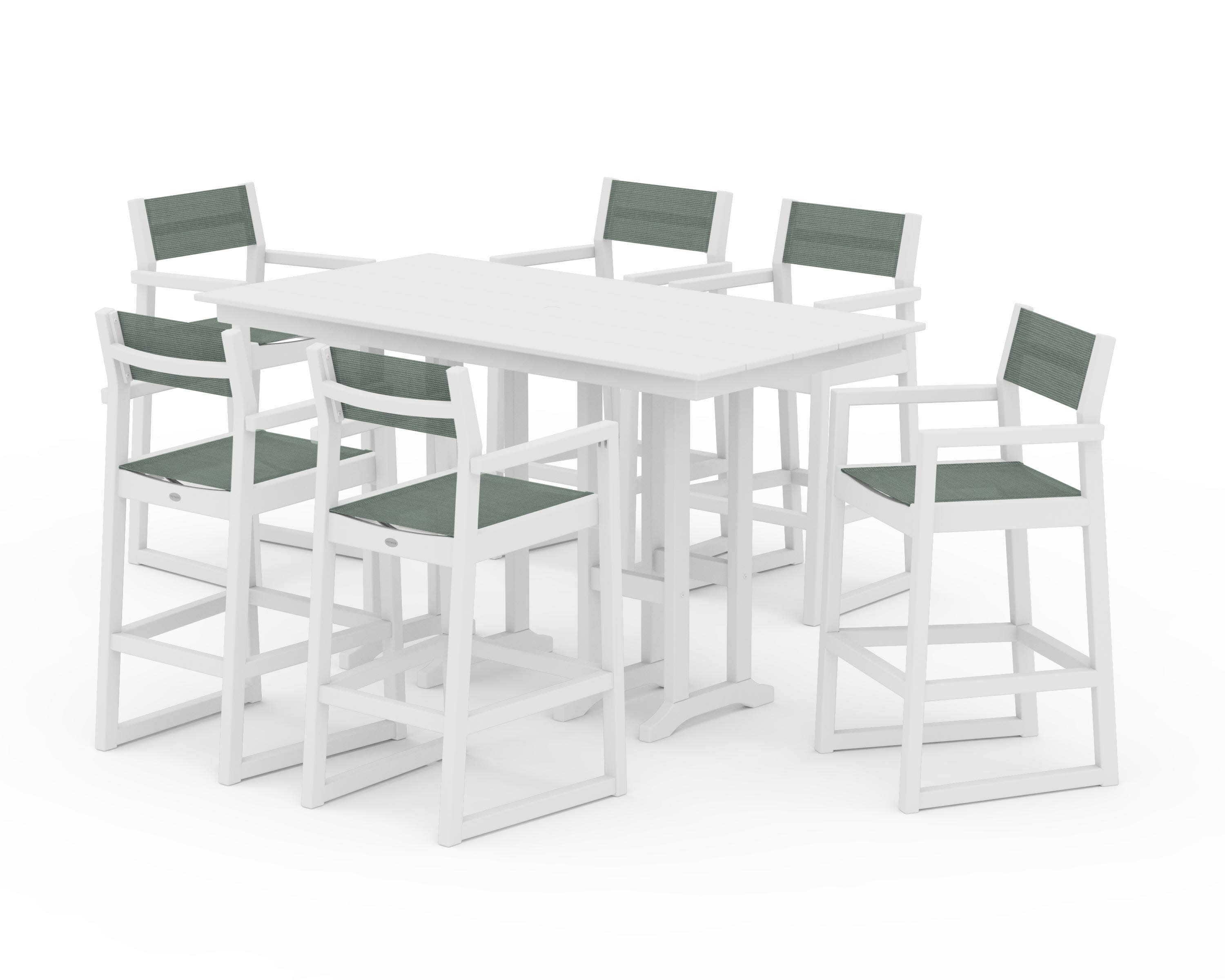 EDGE Sling Arm Chair 7-Piece Farmhouse Bar Set in White / Dupioni Sea Mist Sling