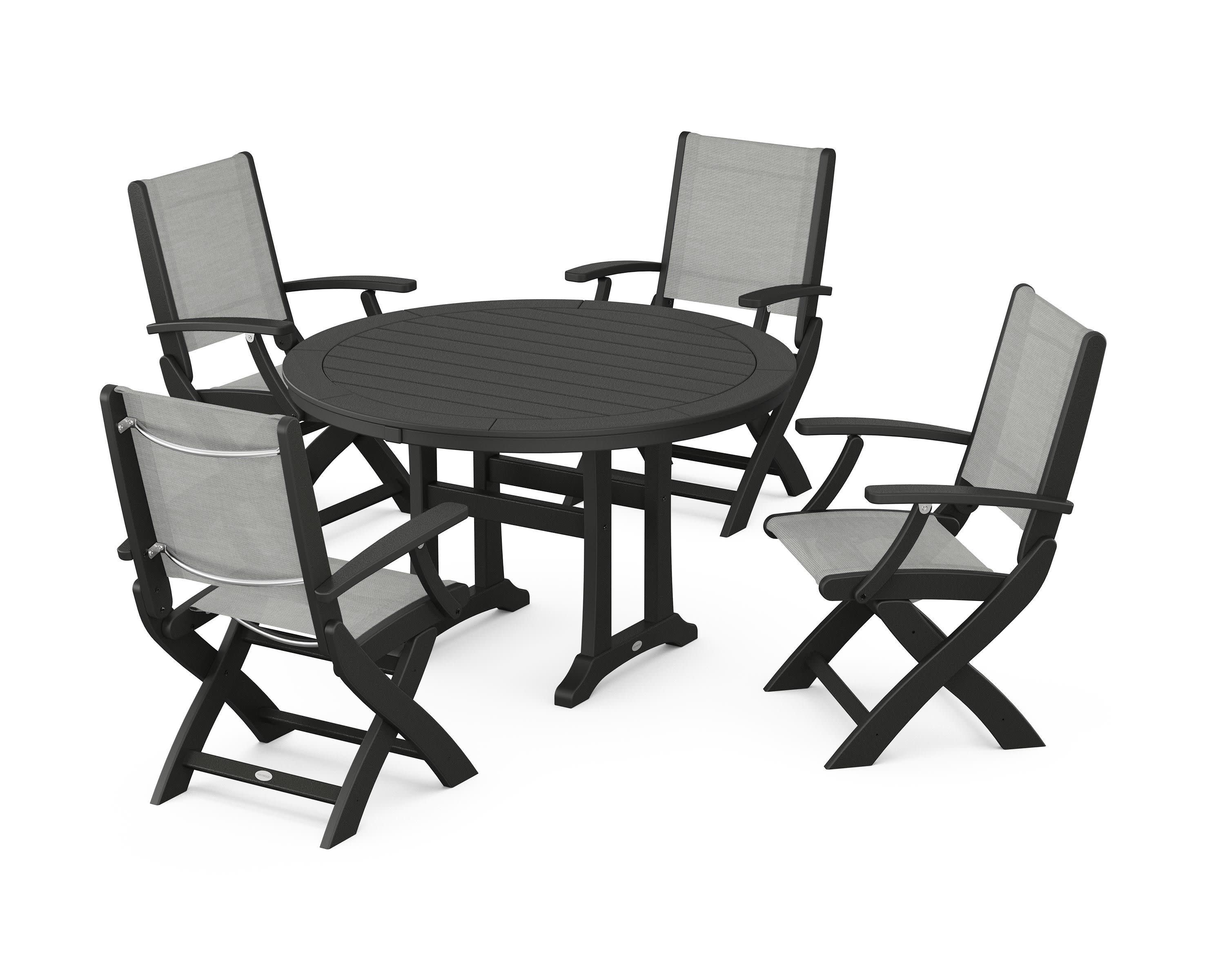 Coastal Folding Chair 5-Piece Round Dining Set with Trestle Legs in Black / Metallic Sling