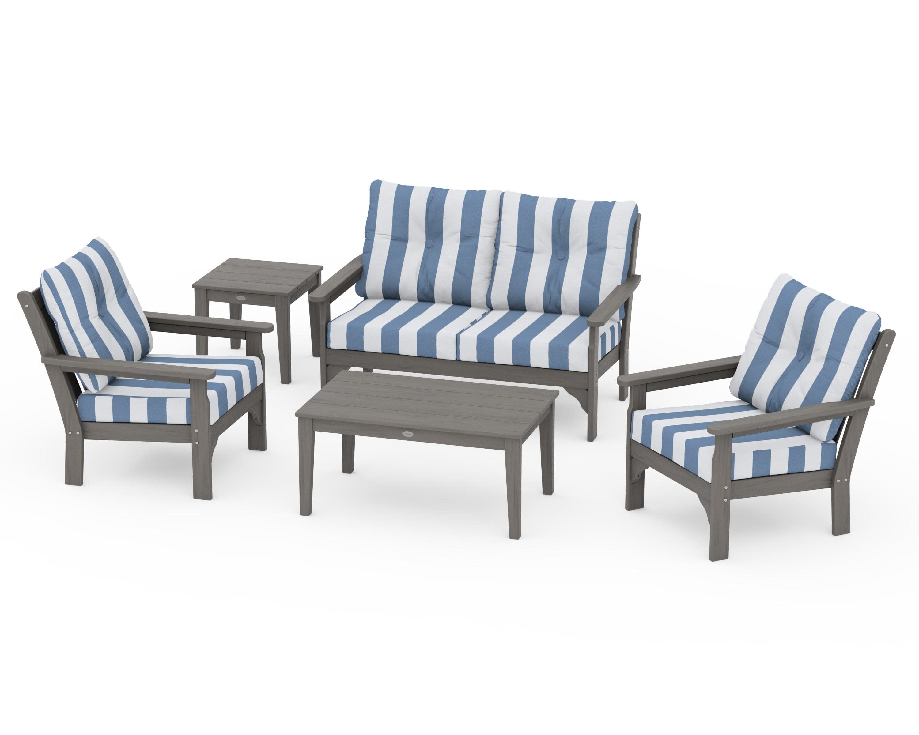 Vineyard 5-Piece Deep Seating Set in Driftwood / Cabana Stripe Sky Blue