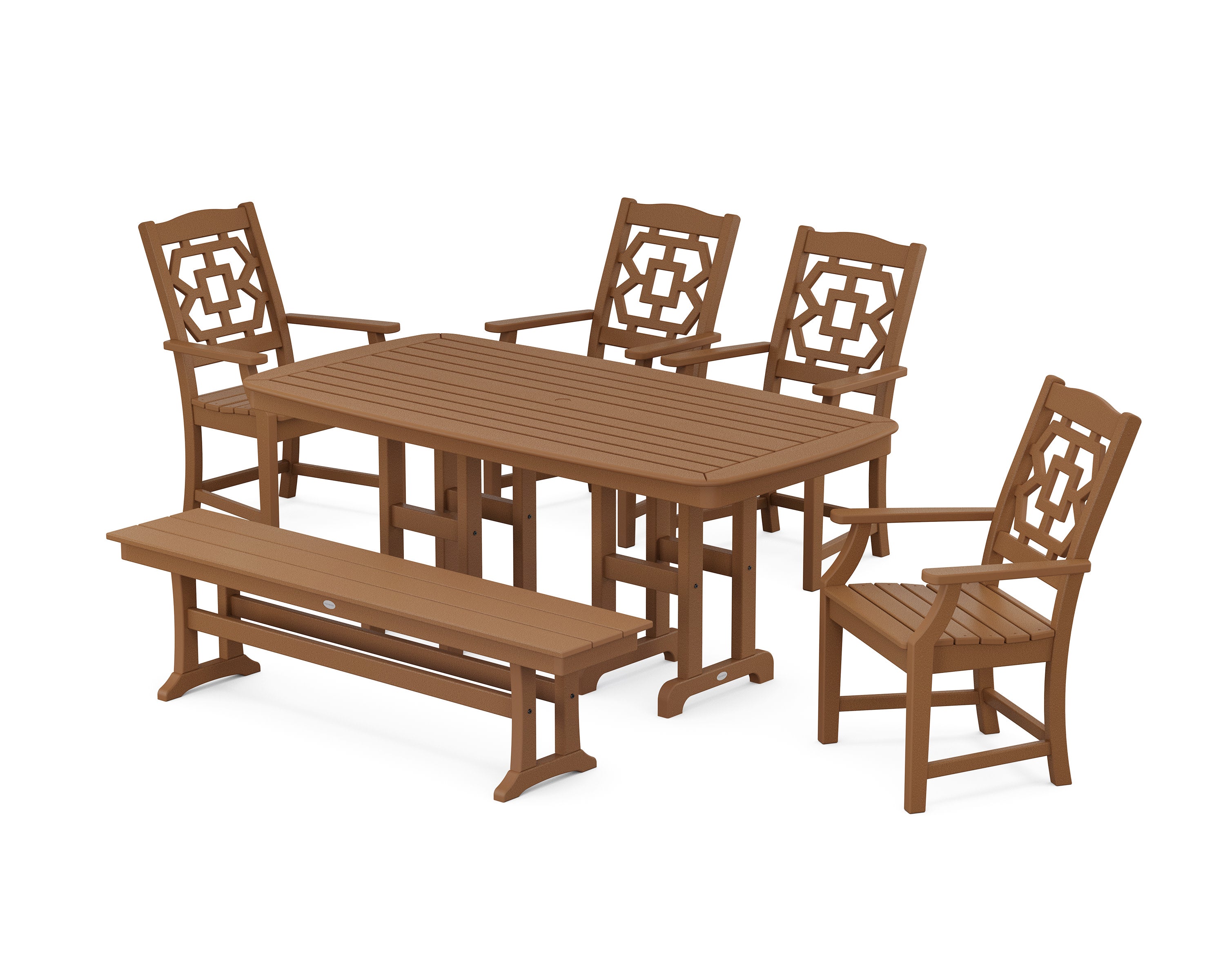 Chinoiserie 6-Piece Dining Set with Bench in Teak