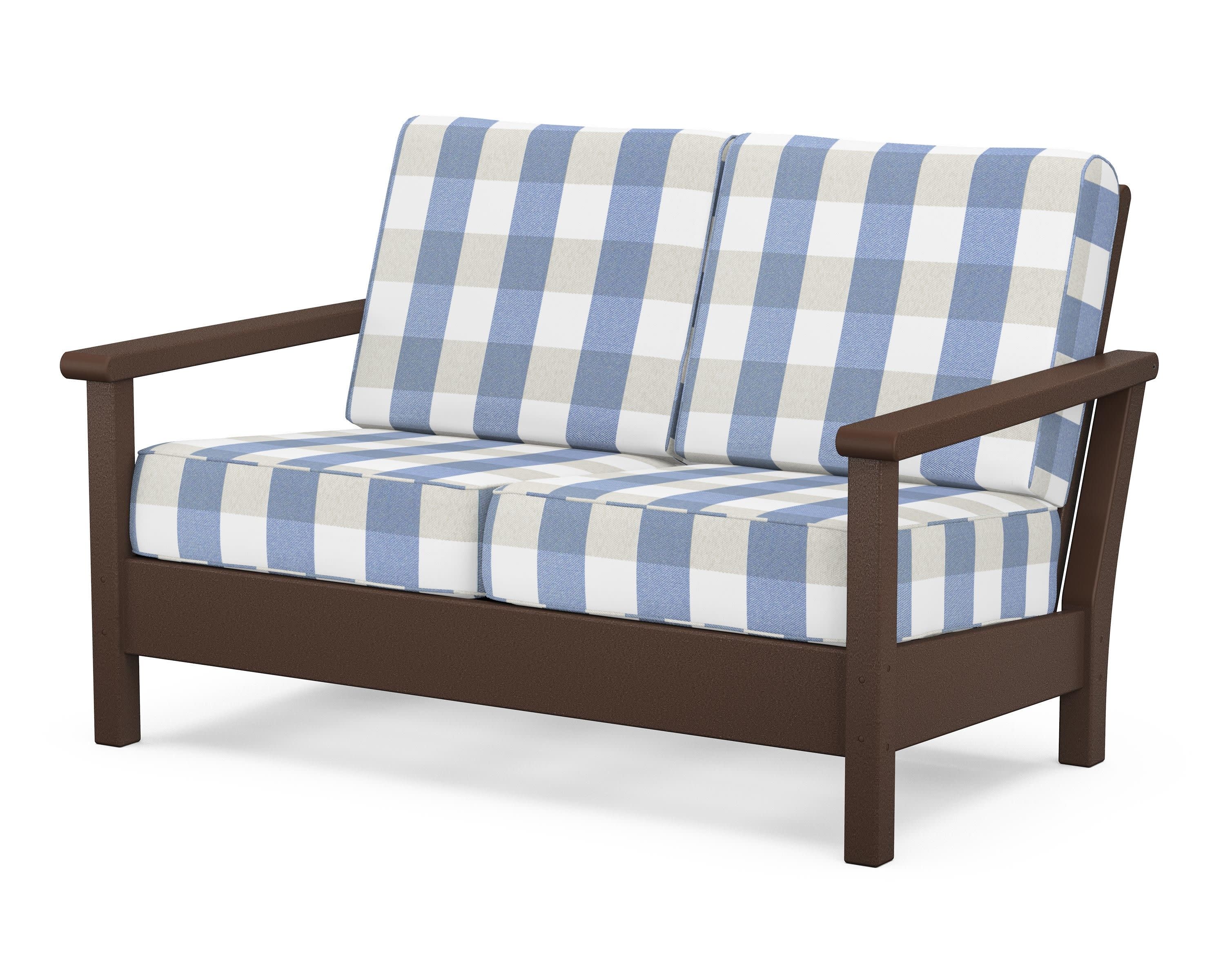 Harbour Deep Seating Loveseat in Mahogany / Buffalo Plaid Sky Blue