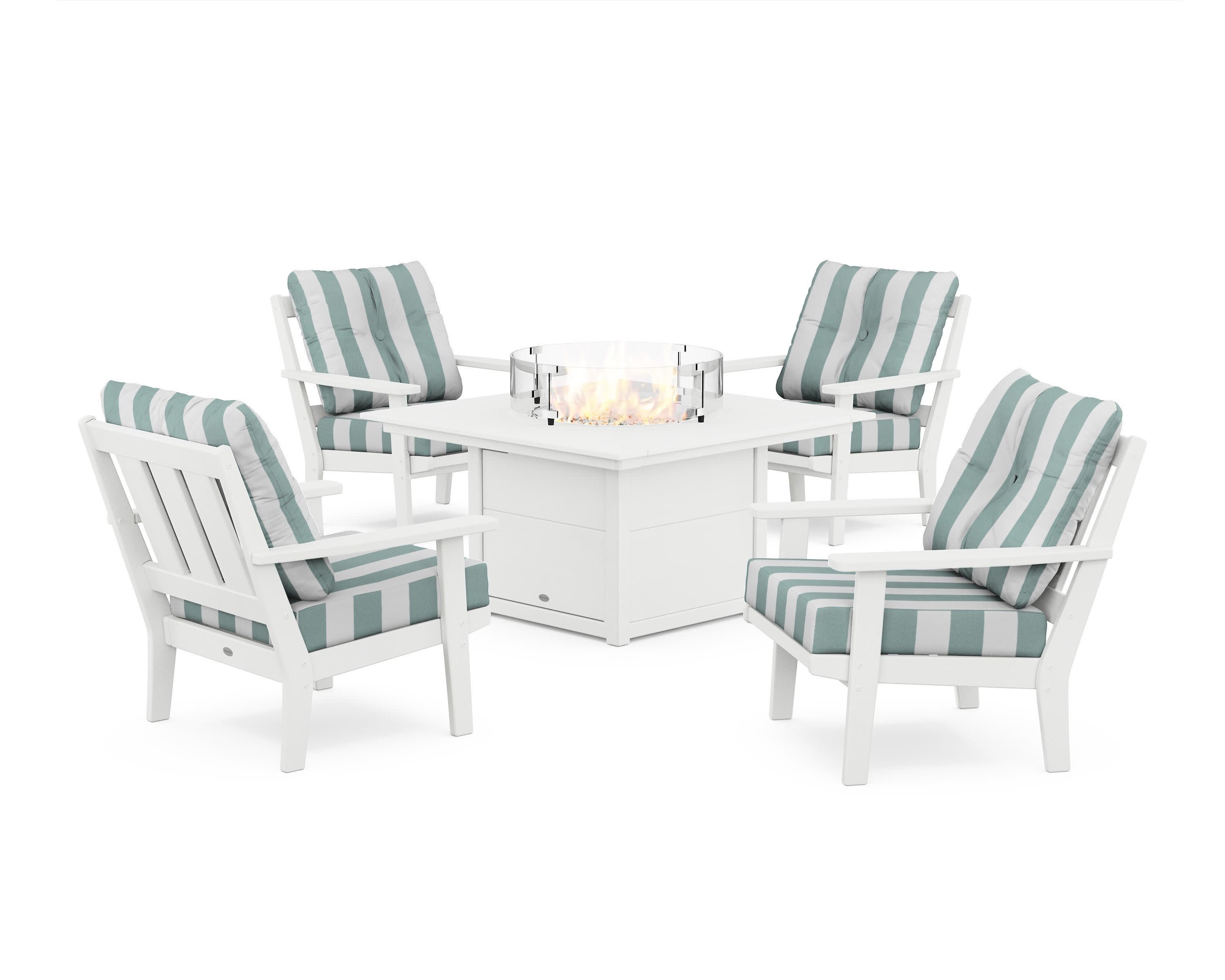 Oxford 5-Piece Deep Seating Set with Fire Pit Table in White / Cabana Stripe Glacier Spa