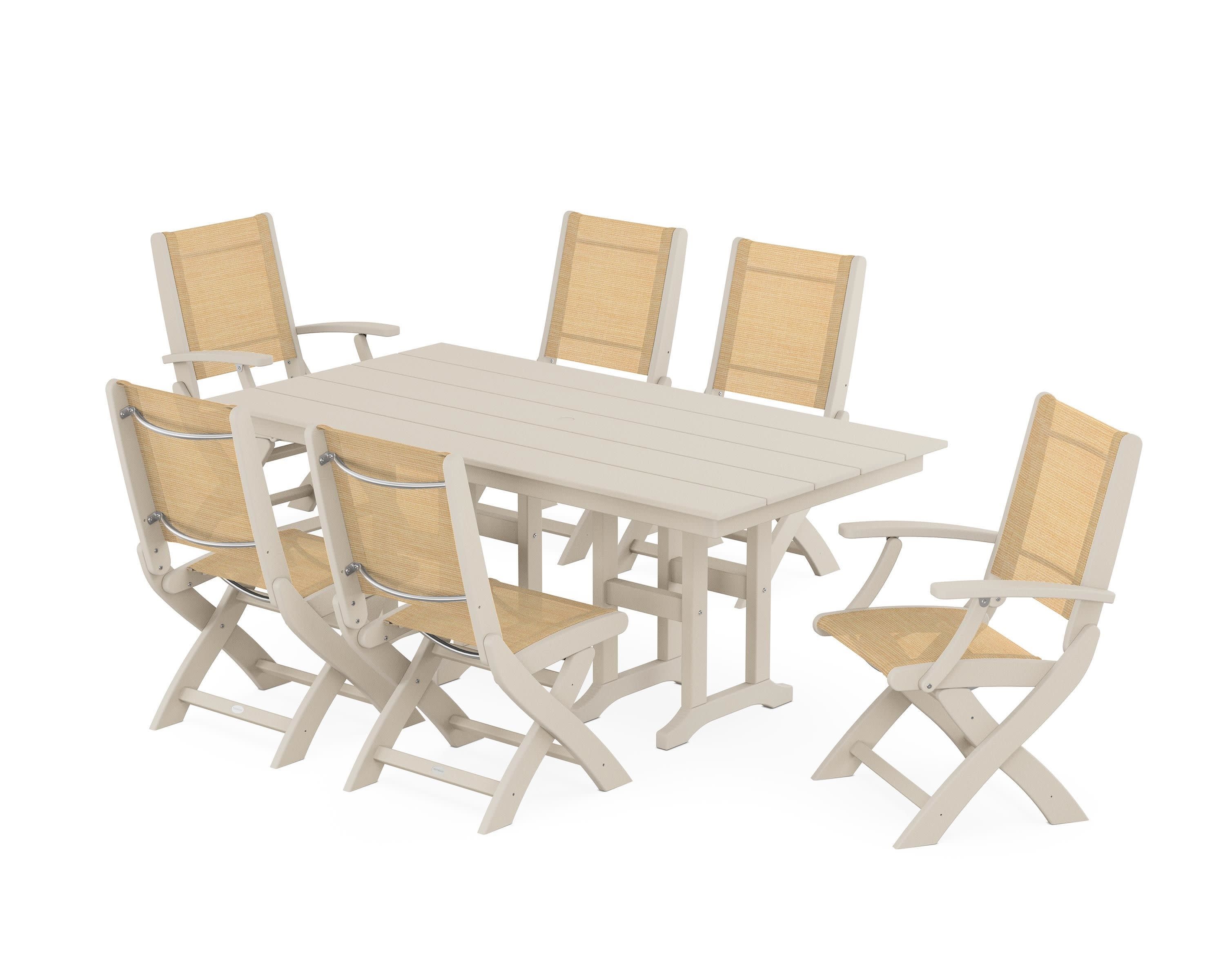 Coastal Folding Chair 7-Piece Farmhouse Dining Set in Sand / Dupioni Apricot Sling