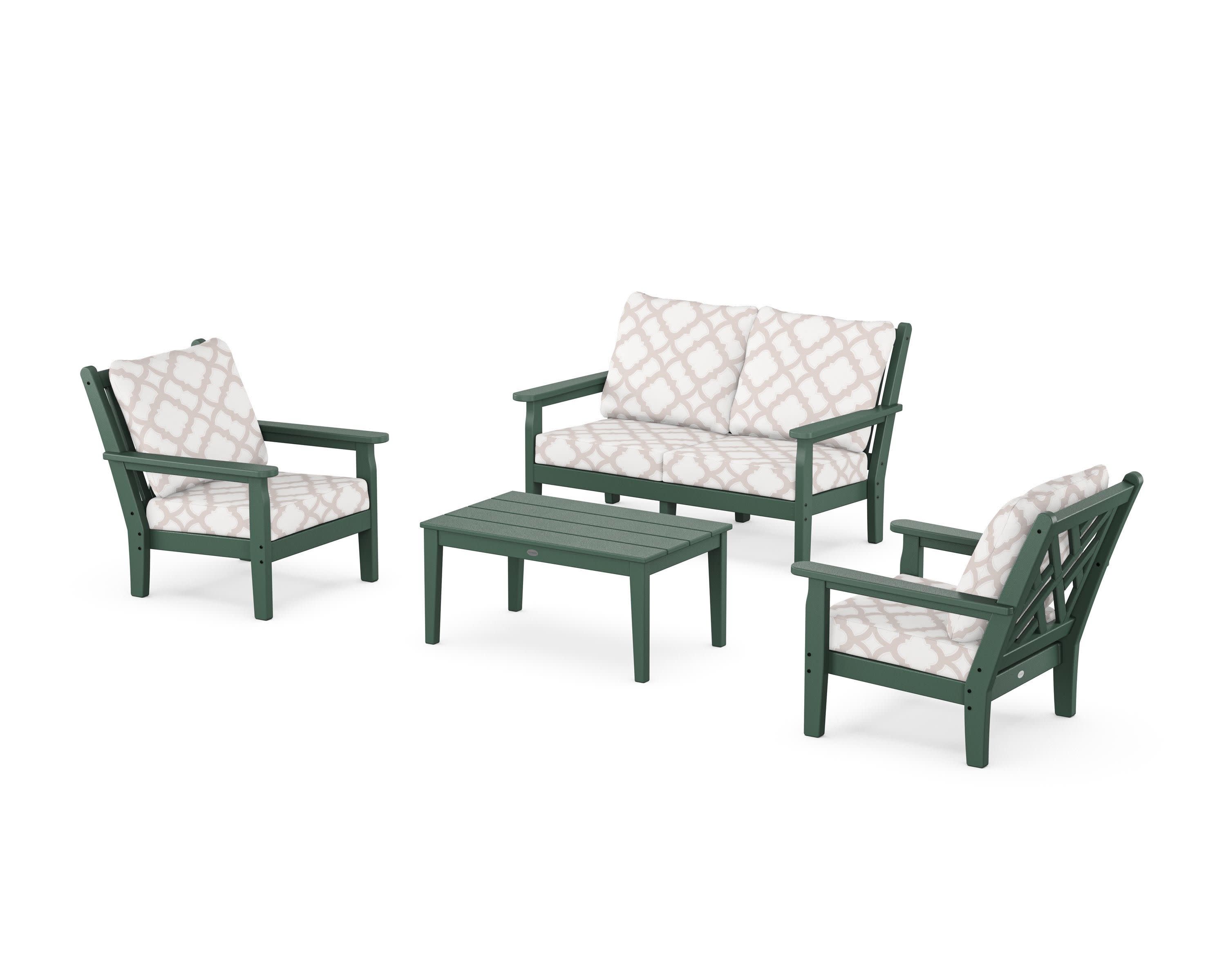 Chippendale 4-Piece Deep Seating Set with Loveseat in Green / Trellis Dune Burlap