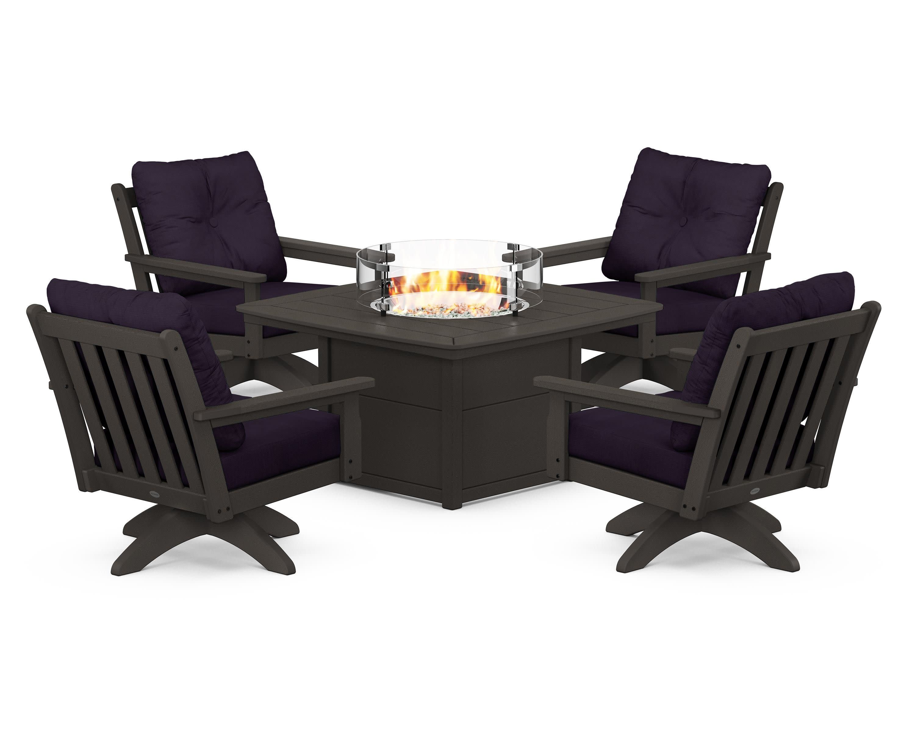 Vineyard 5-Piece Deep Seating Swivel Conversation Set with Fire Pit Table in Vintage Coffee / Navy Linen