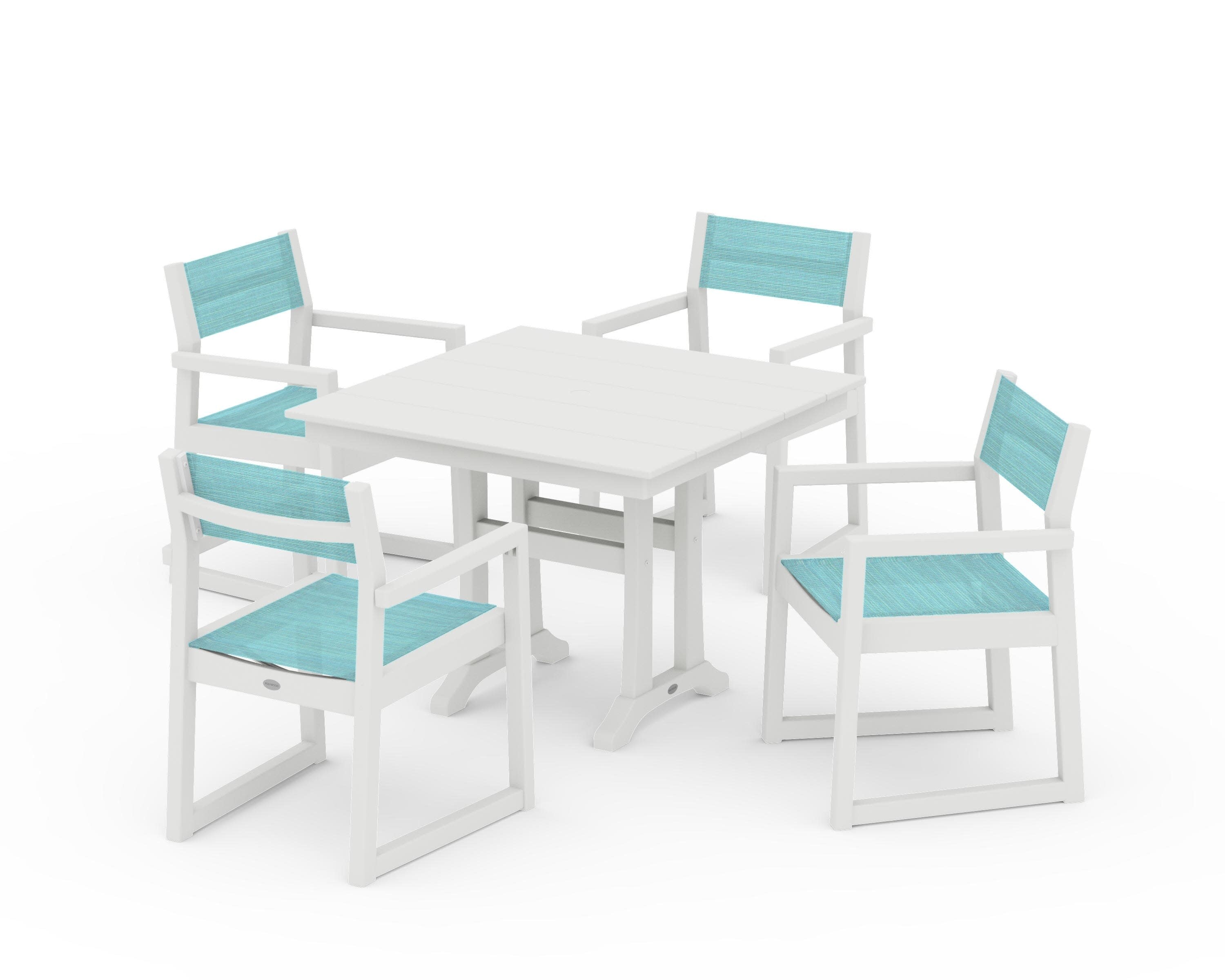 EDGE Sling 5-Piece Farmhouse Dining Set with Trestle Legs in Vintage White / Dupioni Aquamarine Sling