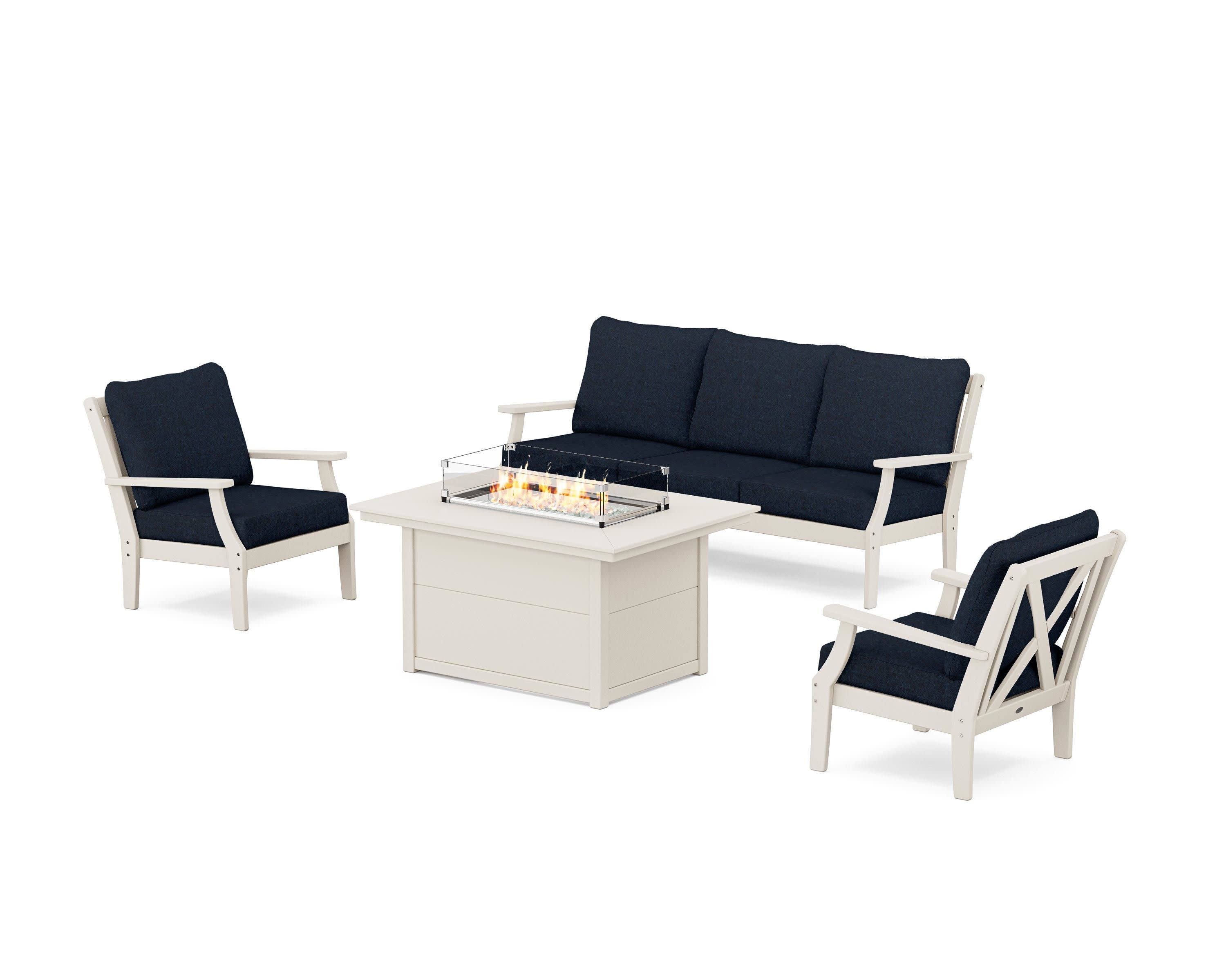 Braxton Deep Seating Fire Pit Table Set in Sand / Marine Indigo
