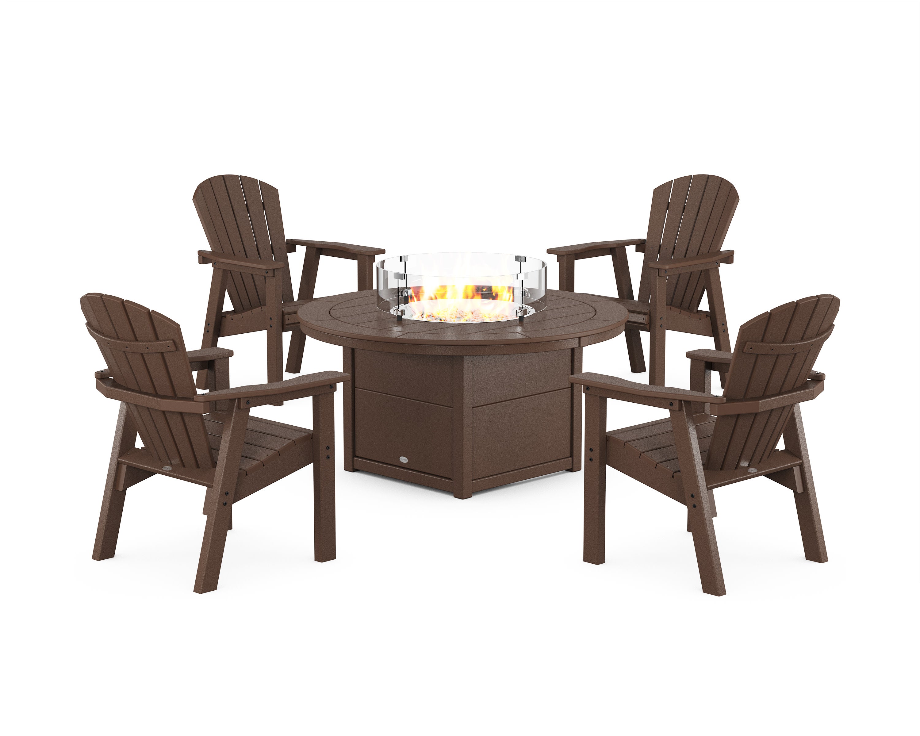 Seashell 4-Piece Upright Adirondack Conversation Set with Fire Pit Table in Mahogany