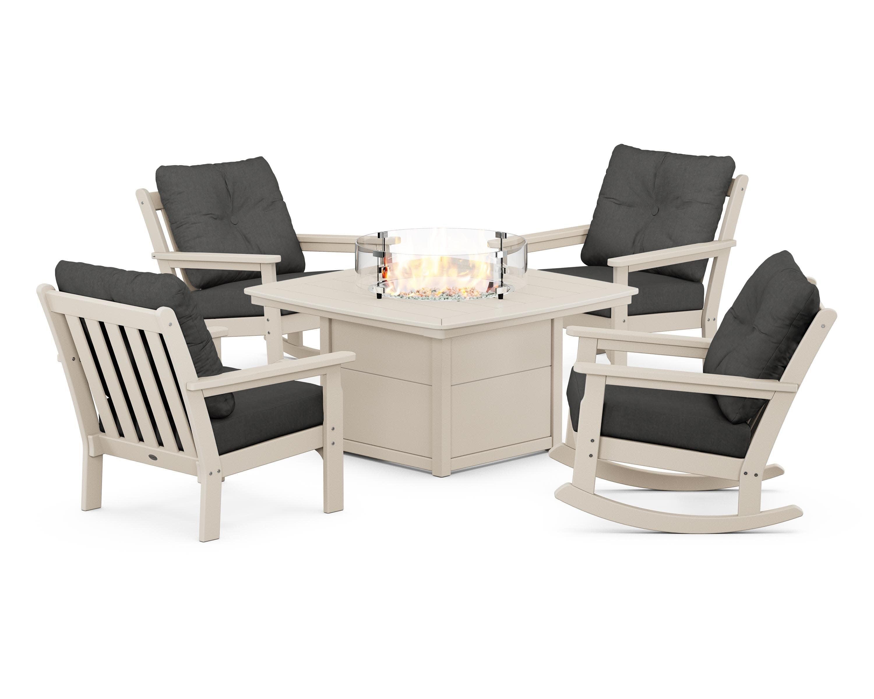 Vineyard 5-Piece Deep Seating Rocking Chair Conversation Set with Fire Pit Table in Sand / Spectrum Carbon