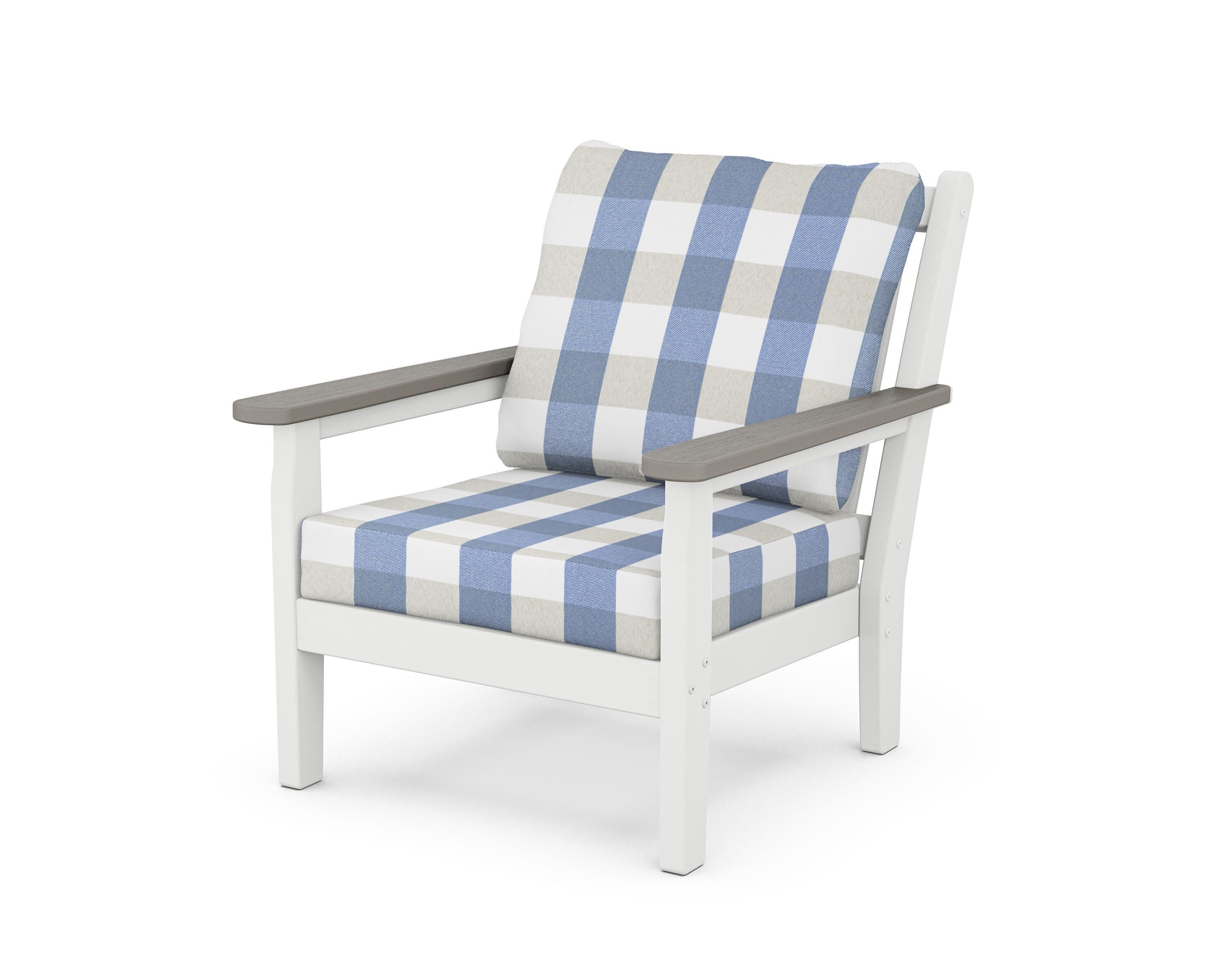Chippendale Deep Seating Chair in White / Driftwood / Buffalo Plaid Sky Blue
