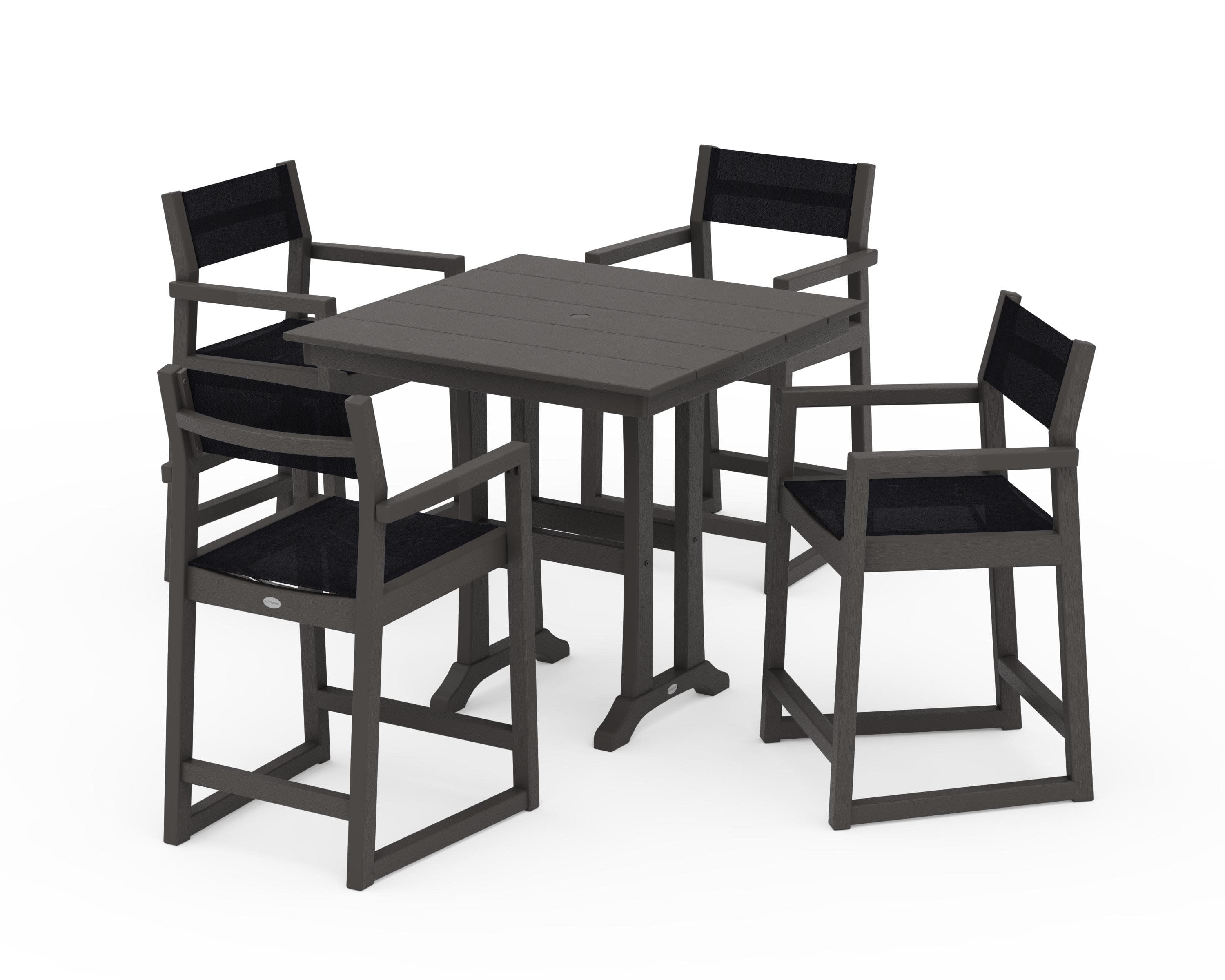 EDGE Sling Arm Chair 5-Piece Farmhouse Counter Set with Trestle Legs in Vintage Coffee / Black Sling