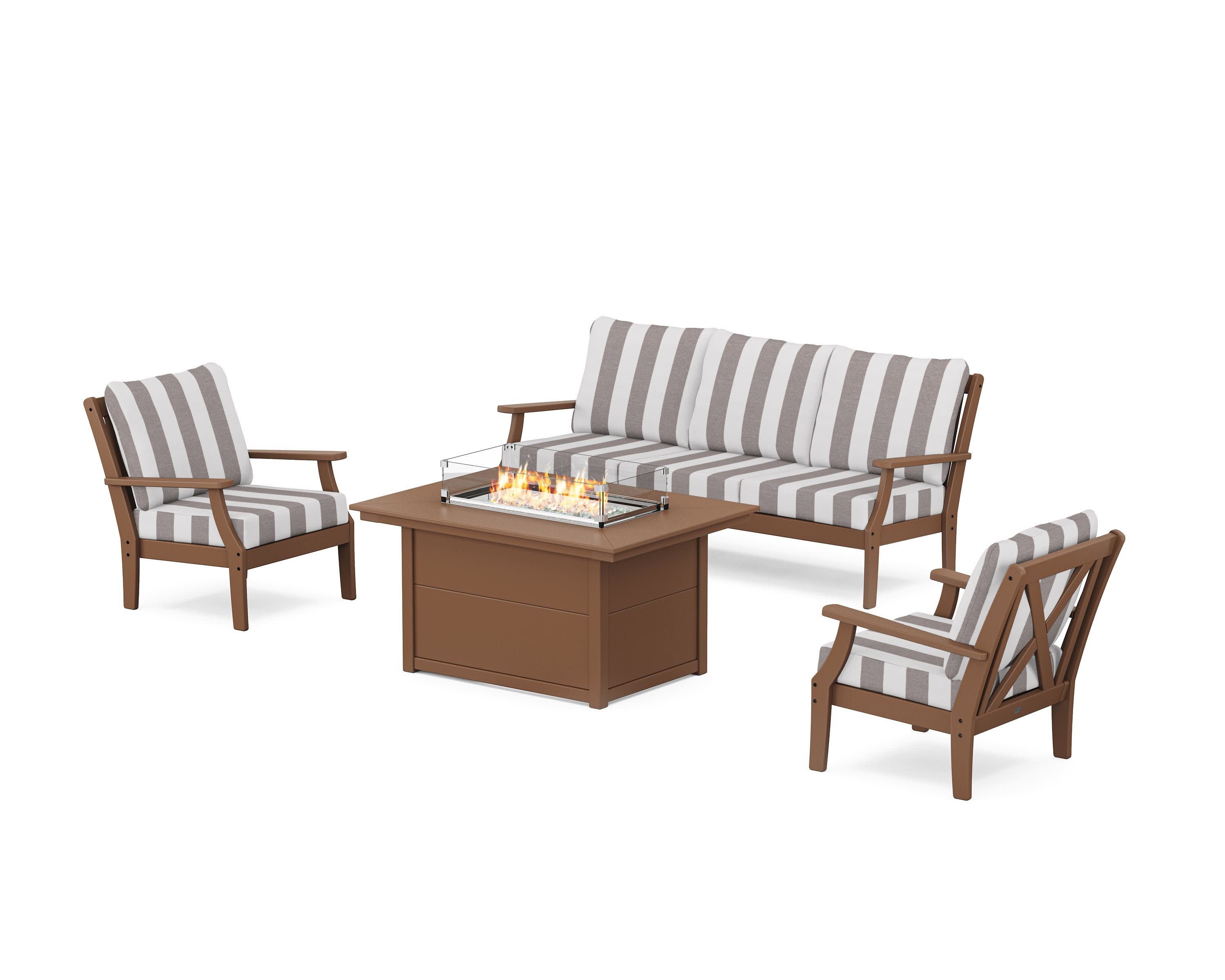 Braxton Deep Seating Fire Pit Table Set in Teak / Cabana Stripe Grey Mist
