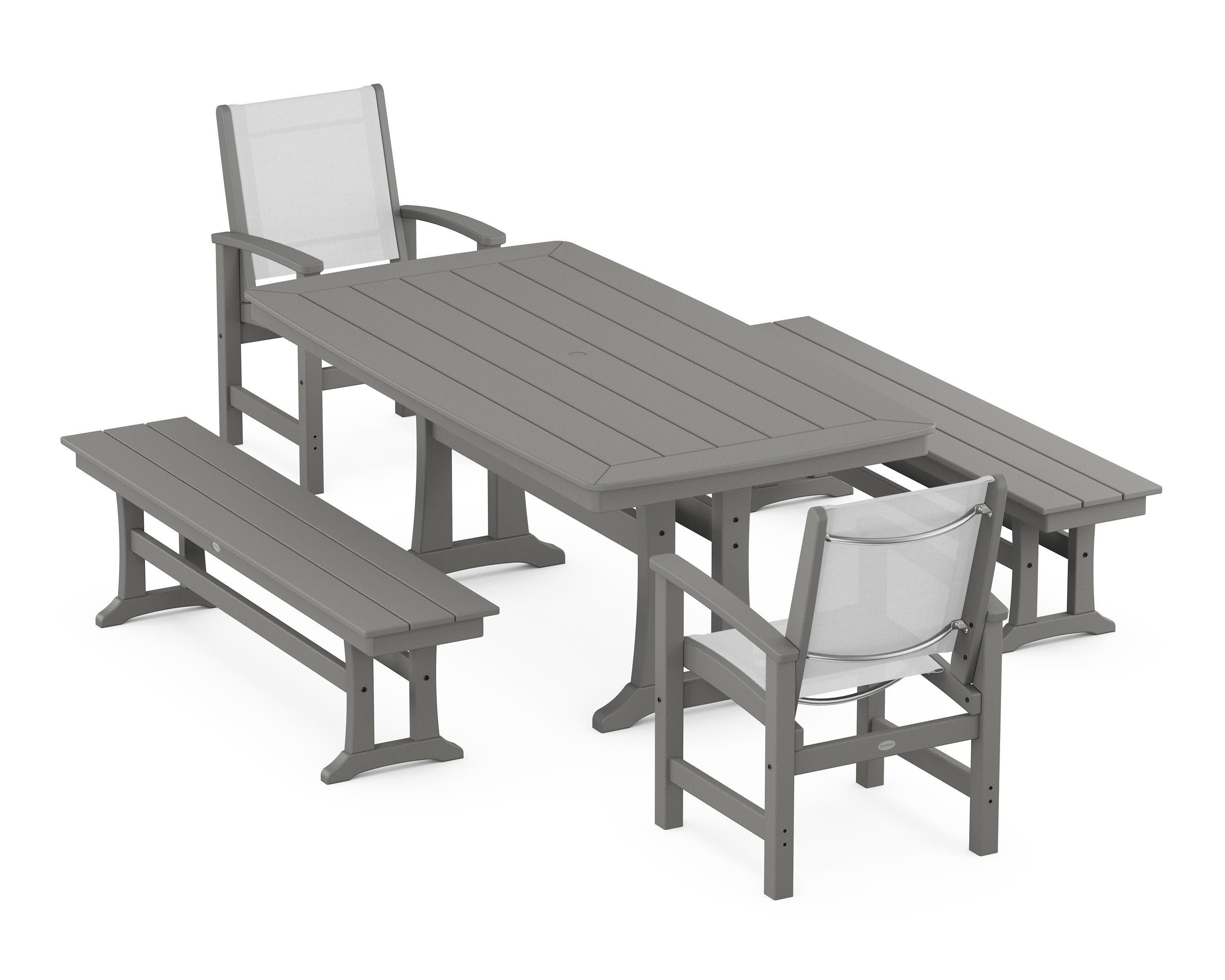 Coastal 5-Piece Dining Set with Trestle Legs and Benches in Slate Grey / White Sling