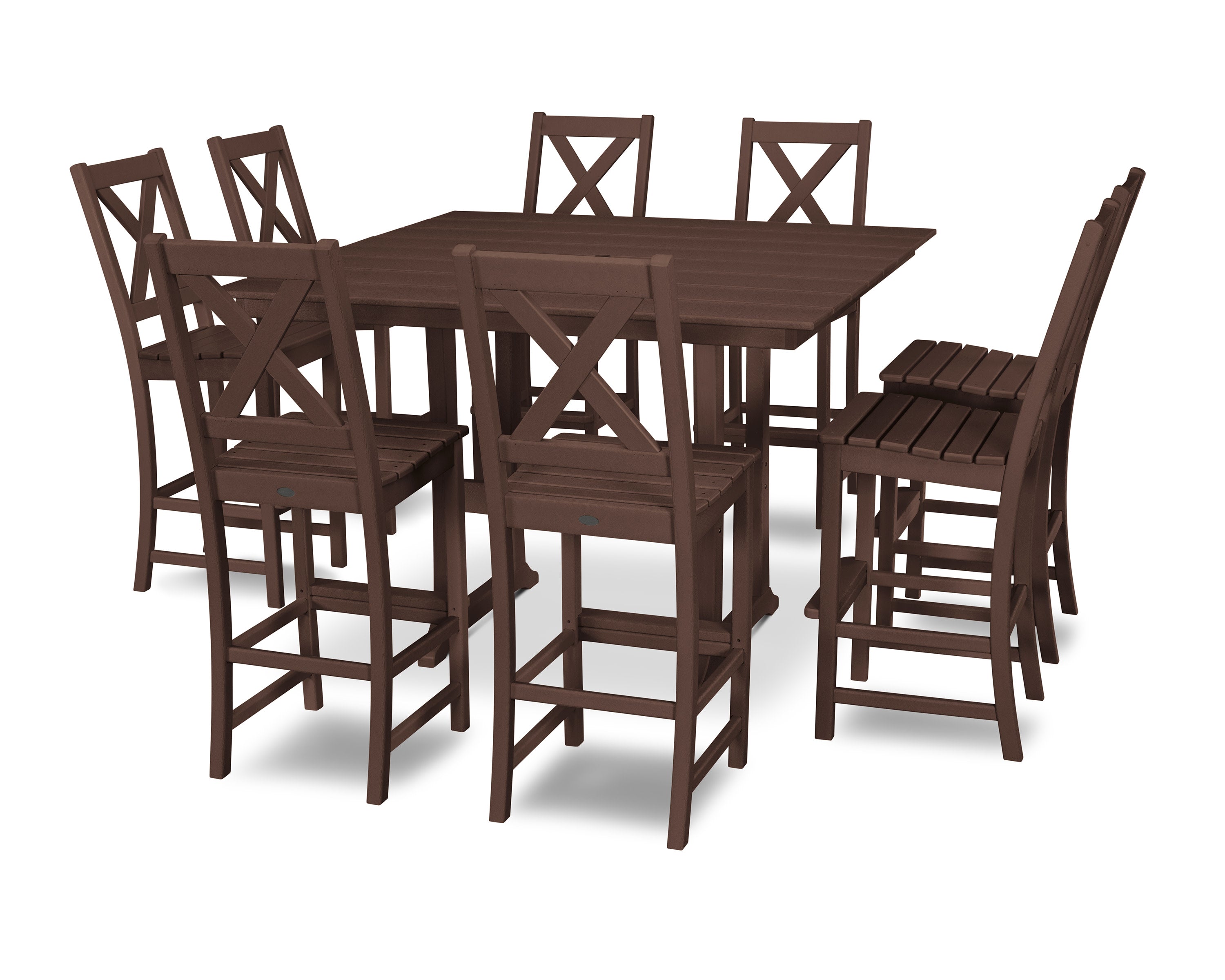 Braxton 9-Piece Farmhouse Trestle Bar Set in Mahogany