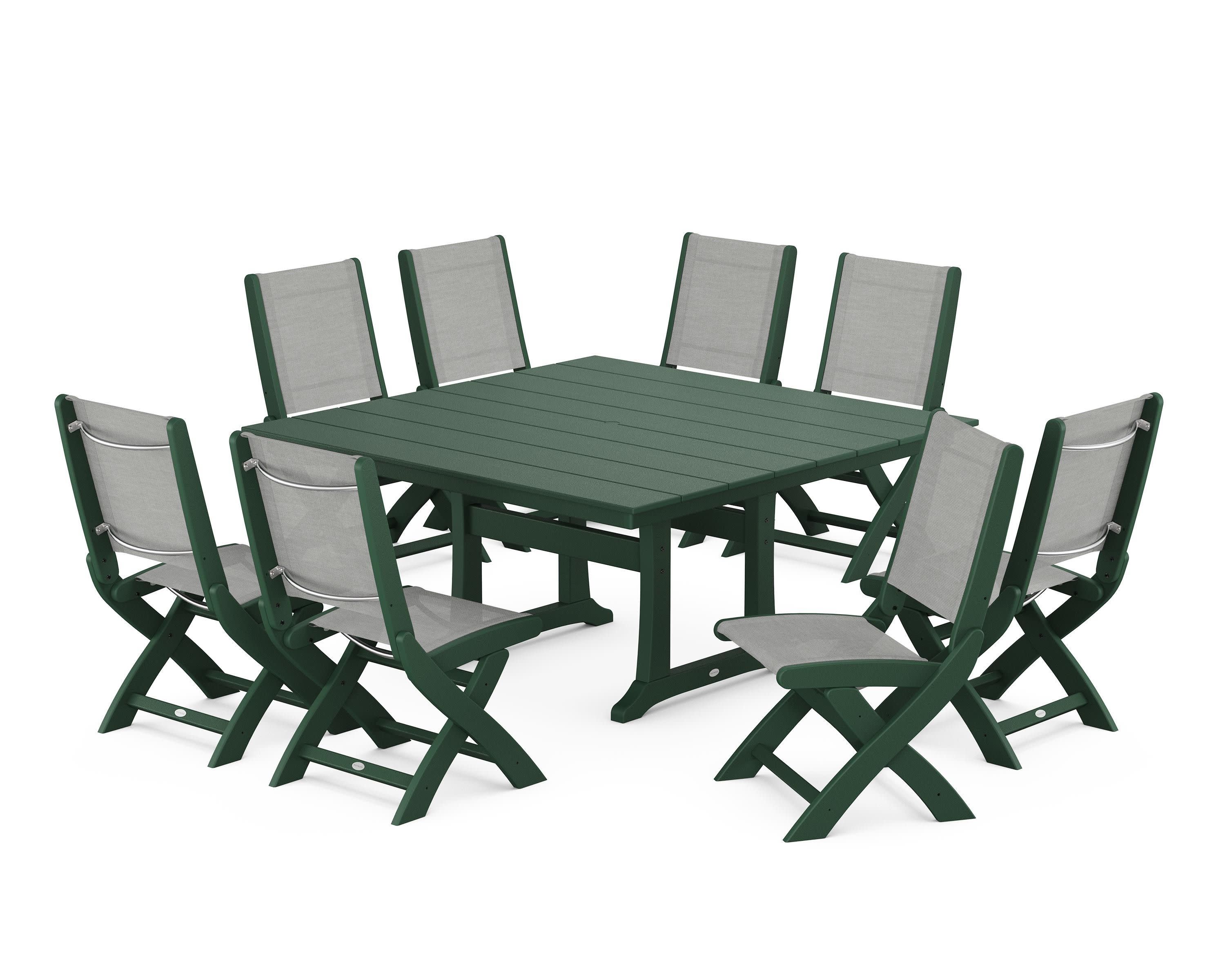 Coastal Folding Side Chair 9-Piece Farmhouse Dining Set in Green / Metallic Sling