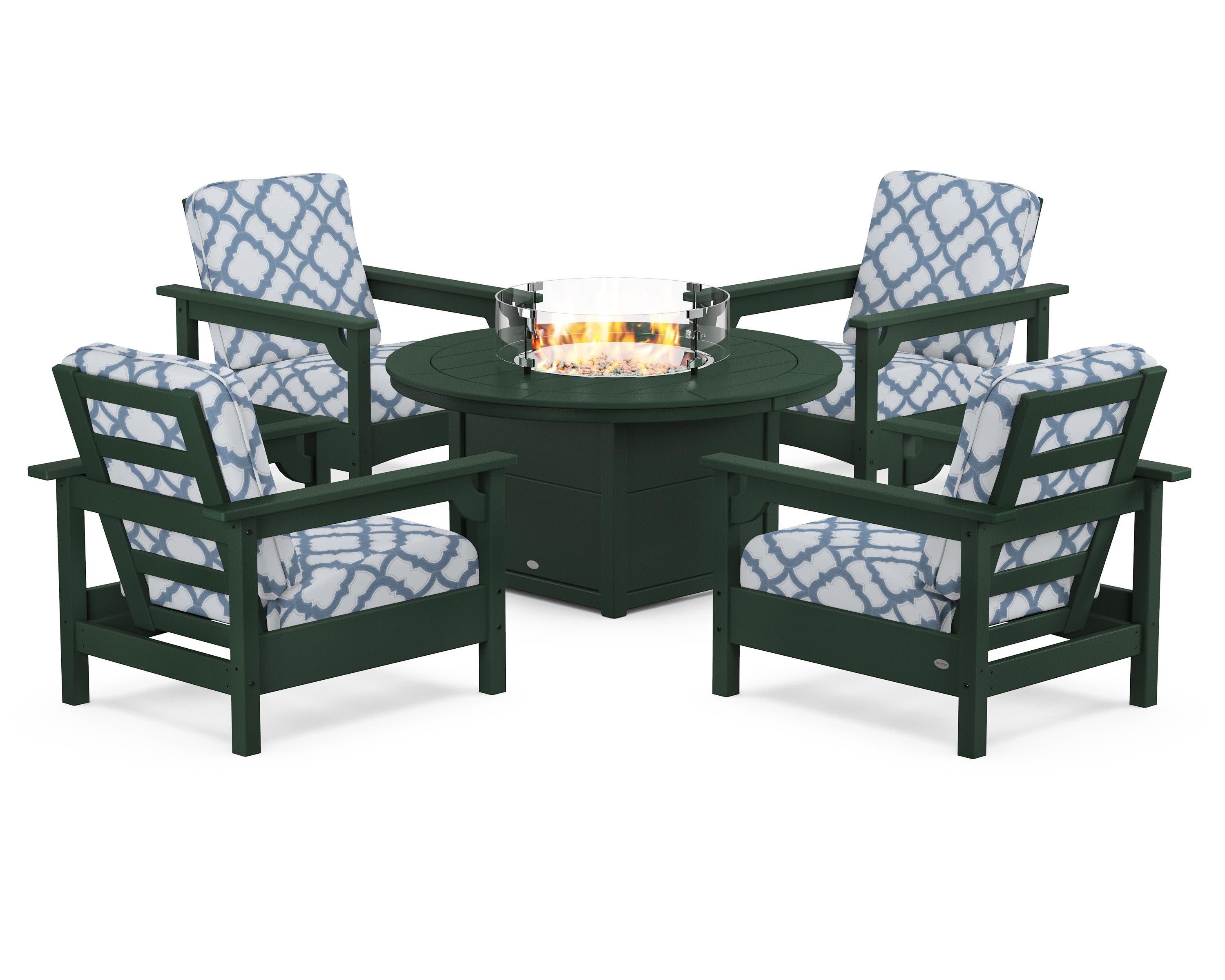 Club 5-Piece Conversation Set with Fire Pit Table in Green / Trellis Sky Blue