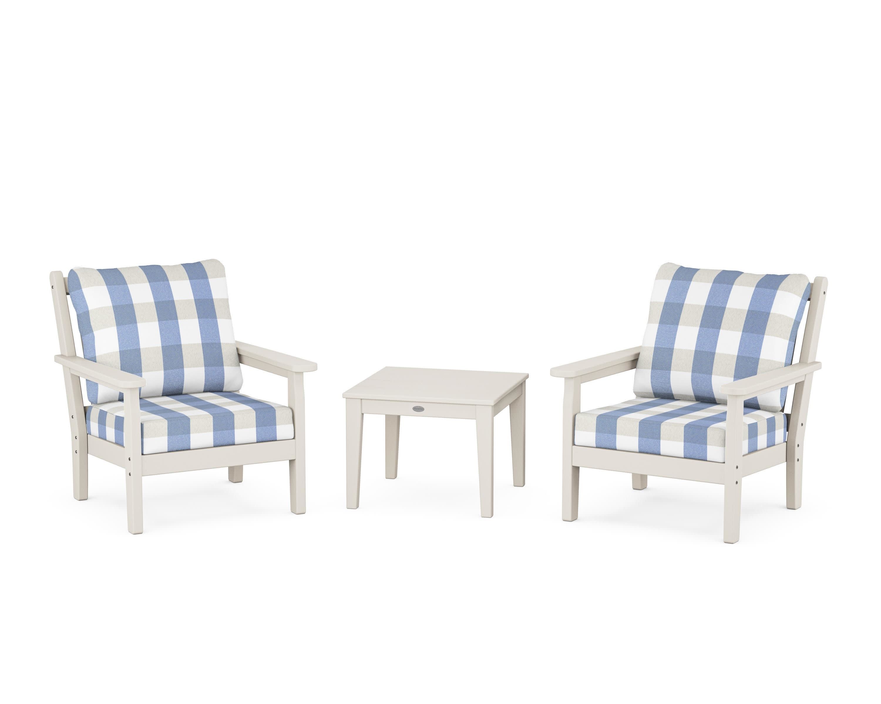 Chippendale 3-Piece Deep Seating Set in Sand / Buffalo Plaid Sky Blue