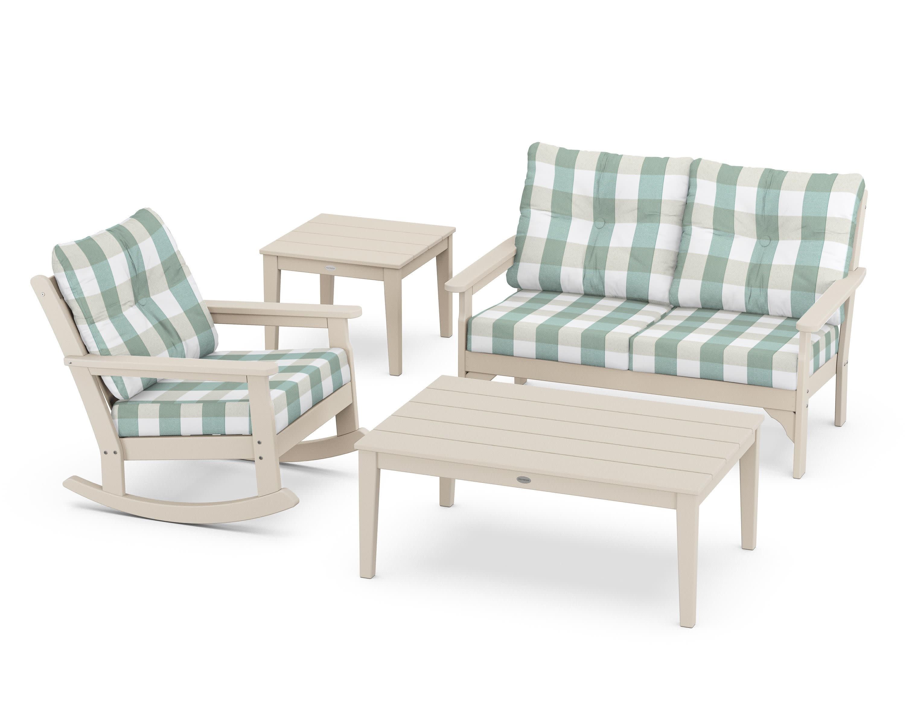 Vineyard 4-Piece Deep Seating Rocker Set in Sand / Buffalo Plaid Glacier Spa