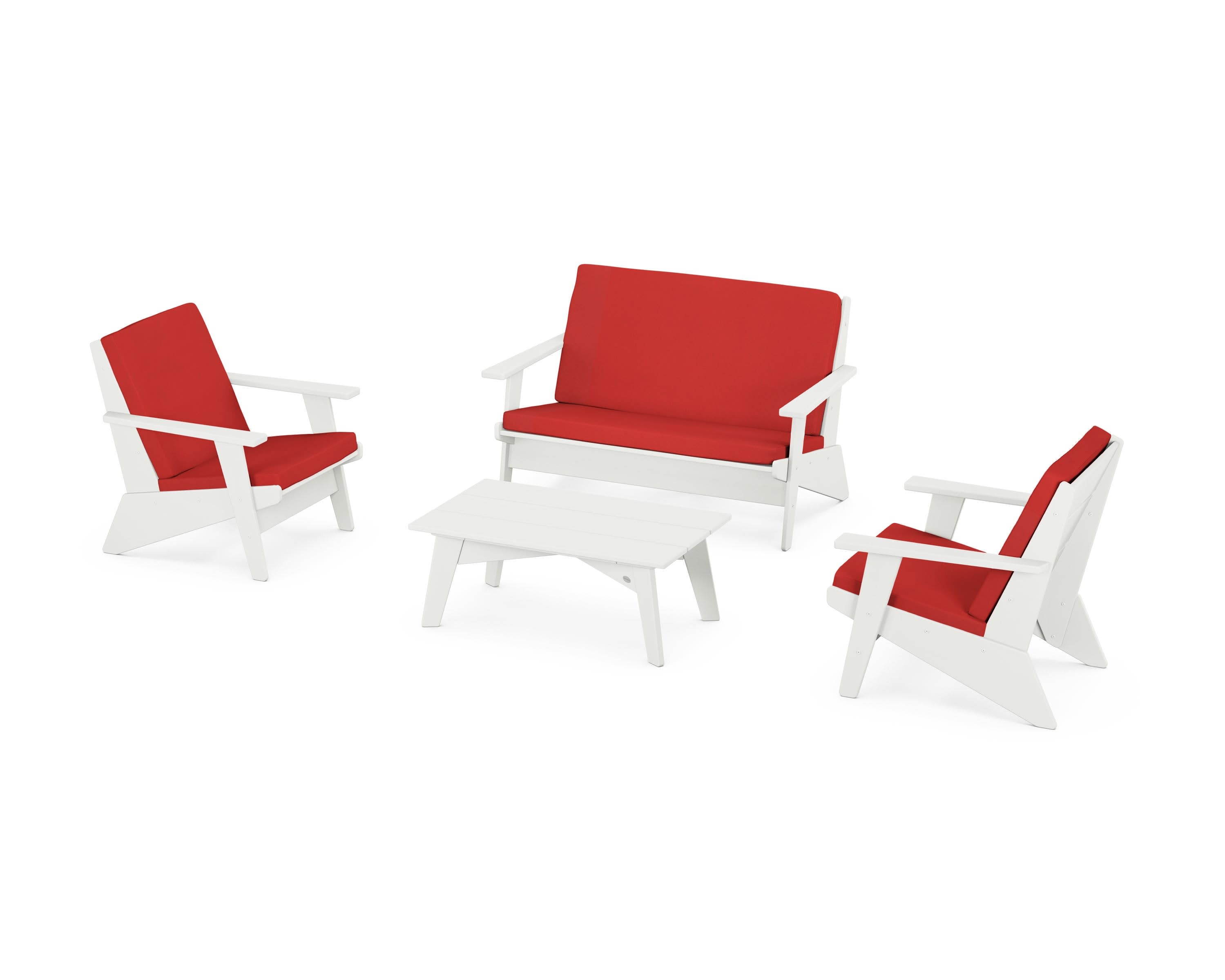 Riviera Modern Lounge 4-Piece Set in Vintage White / Crimson Linen