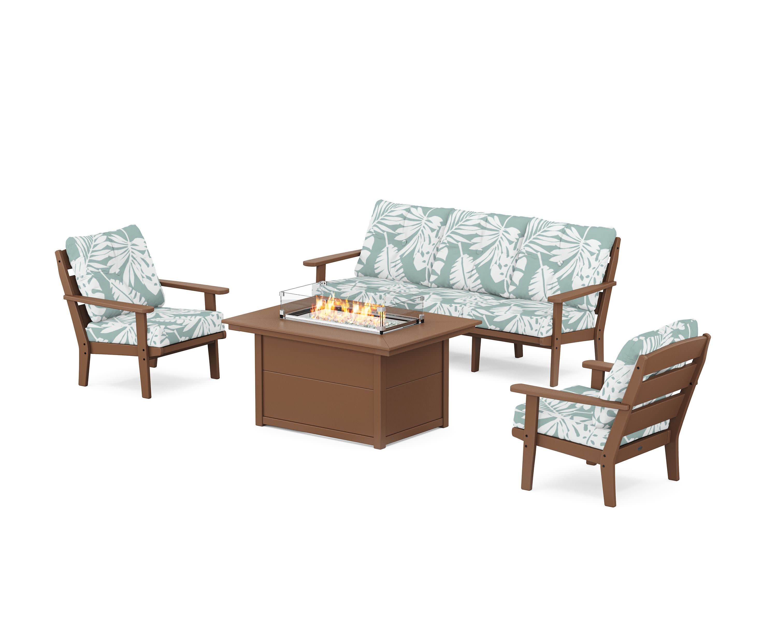 Lakeside Deep Seating Fire Pit Table Set in Teak / Leaf Glacier Spa