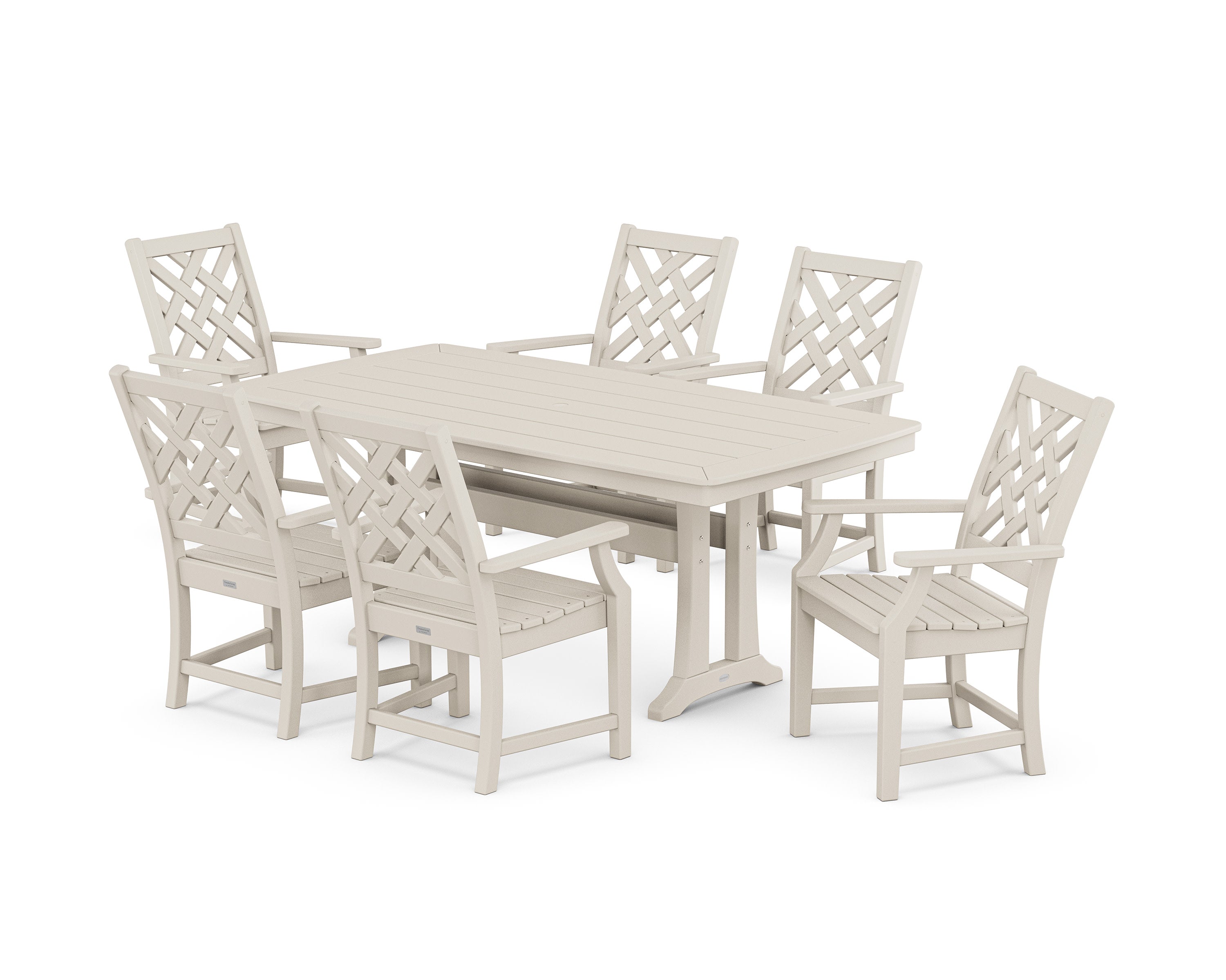 Wovendale Arm Chair 7-Piece Dining Set with Trestle Legs in Sand