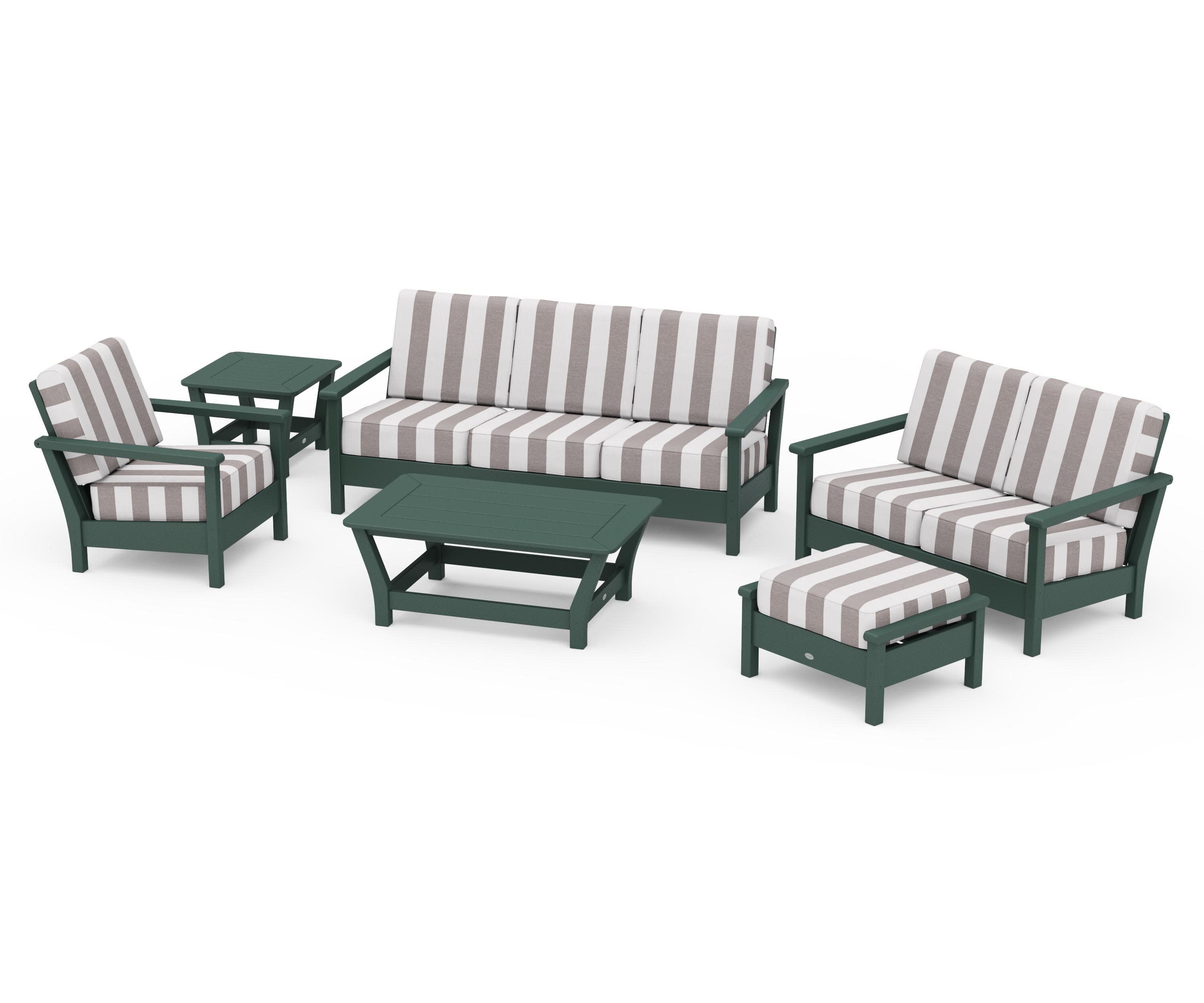 Harbour 6-Piece Outdoor Living Set in Green / Cabana Stripe Grey Mist
