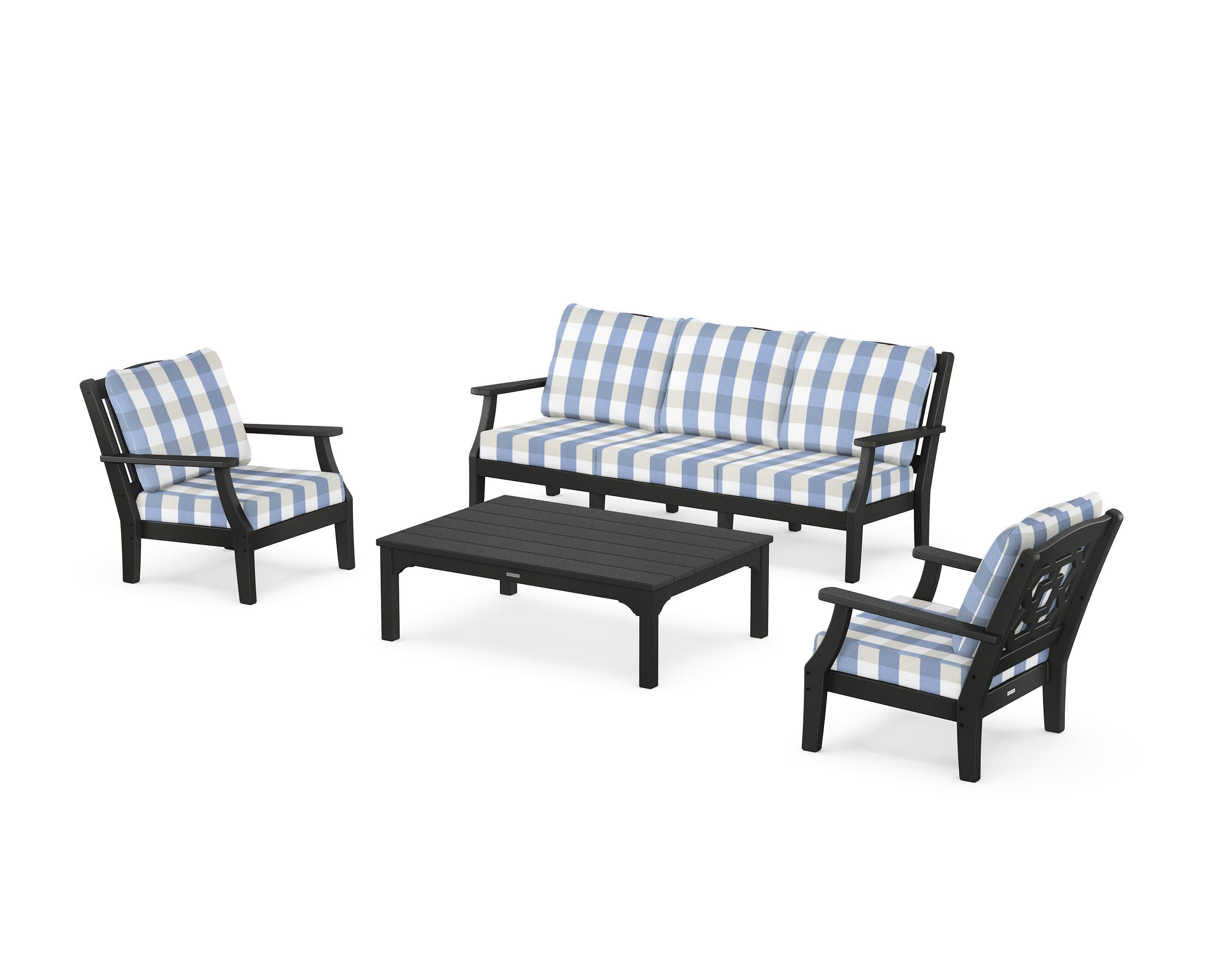 Chinoiserie 4-Piece Deep Seating Set with Sofa in Black / Buffalo Plaid Sky Blue