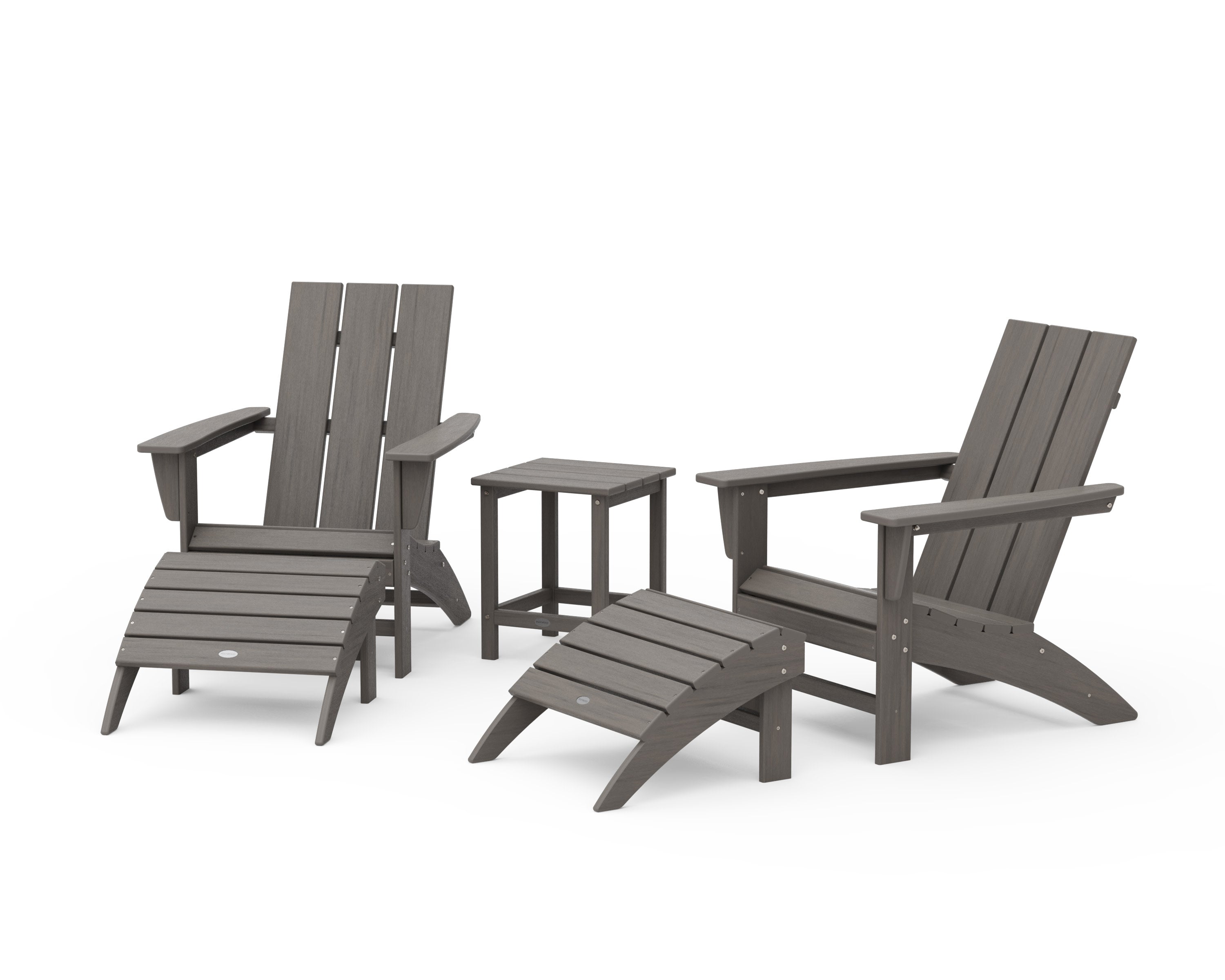 Modern Adirondack Chair 5-Piece Set with Ottomans and 18" Side Table in Driftwood