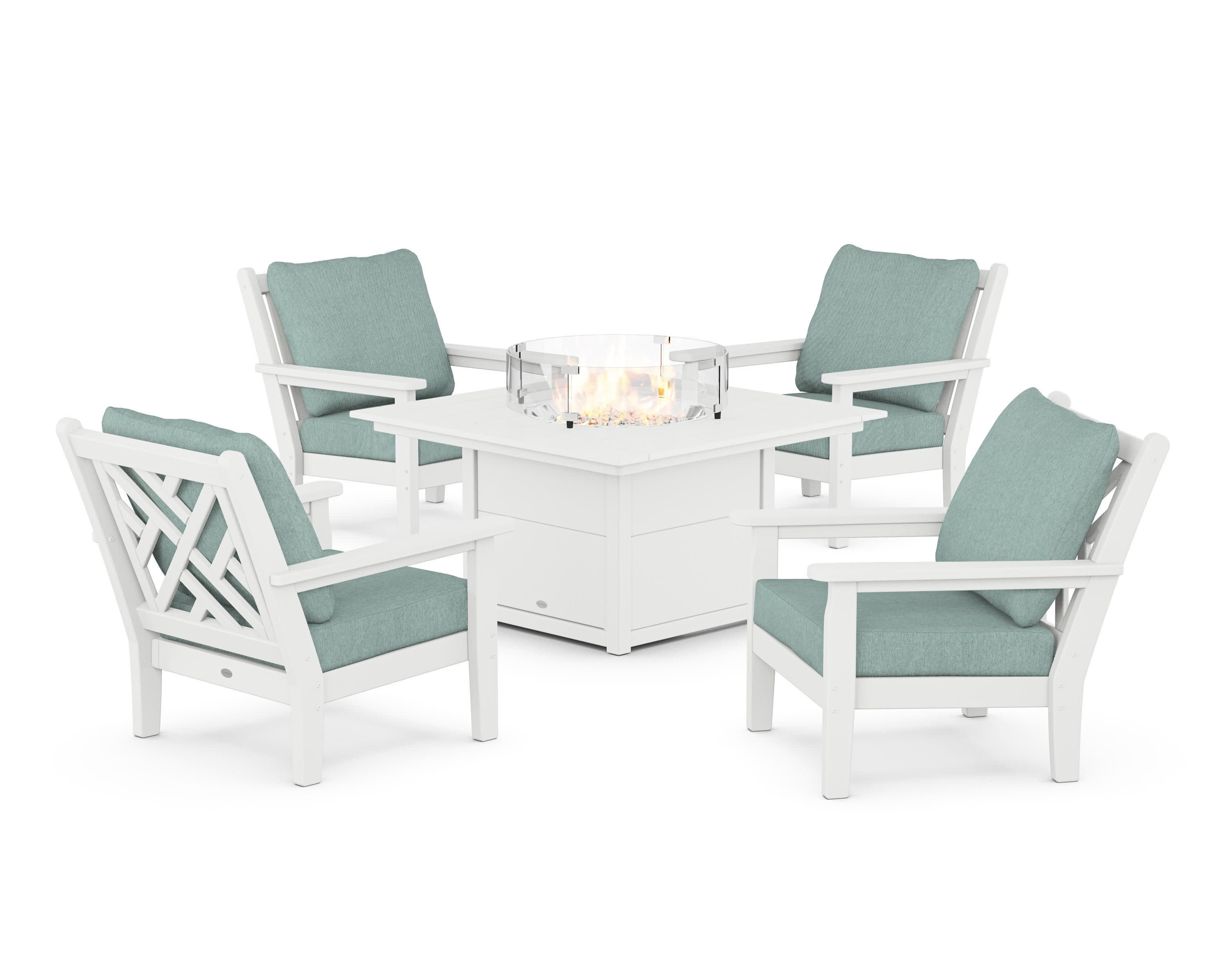 Chippendale 5-Piece Deep Seating Set with Fire Pit Table in White / Glacier Spa