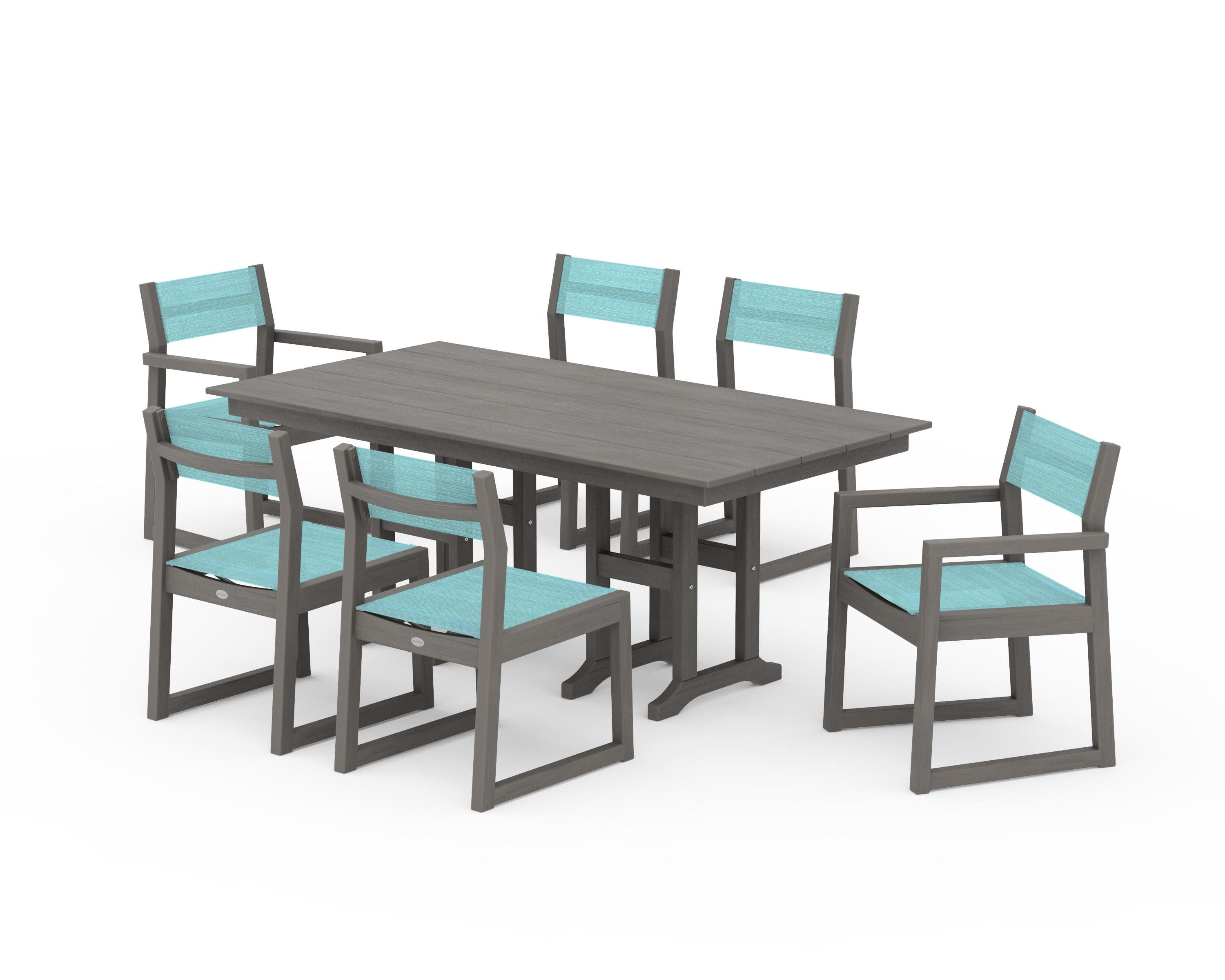 EDGE Sling 7-Piece Farmhouse Dining Set in Driftwood / Dupioni Aquamarine Sling