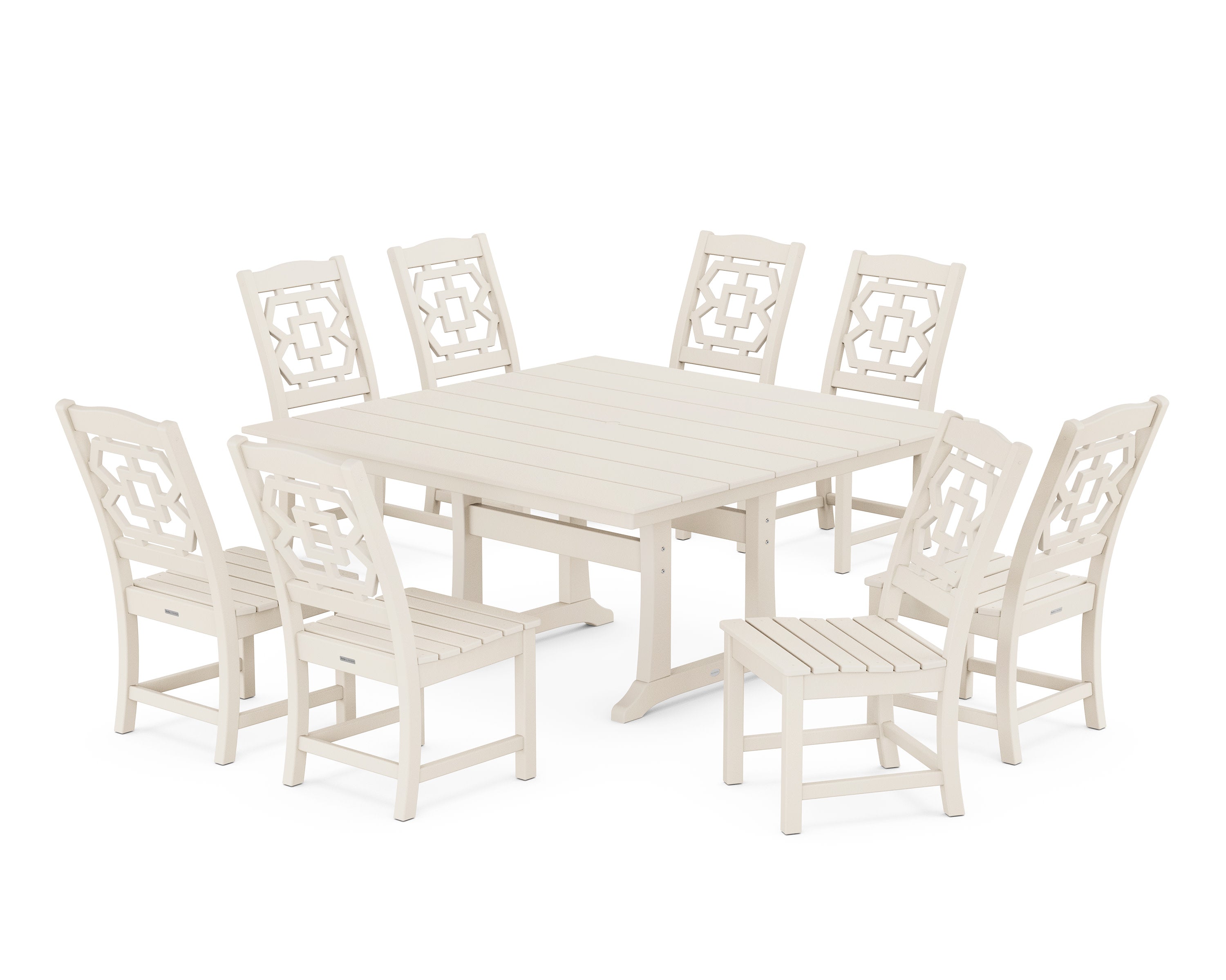 Chinoiserie 9-Piece Square Farmhouse Side Chair Dining Set with Trestle Legs in Sand