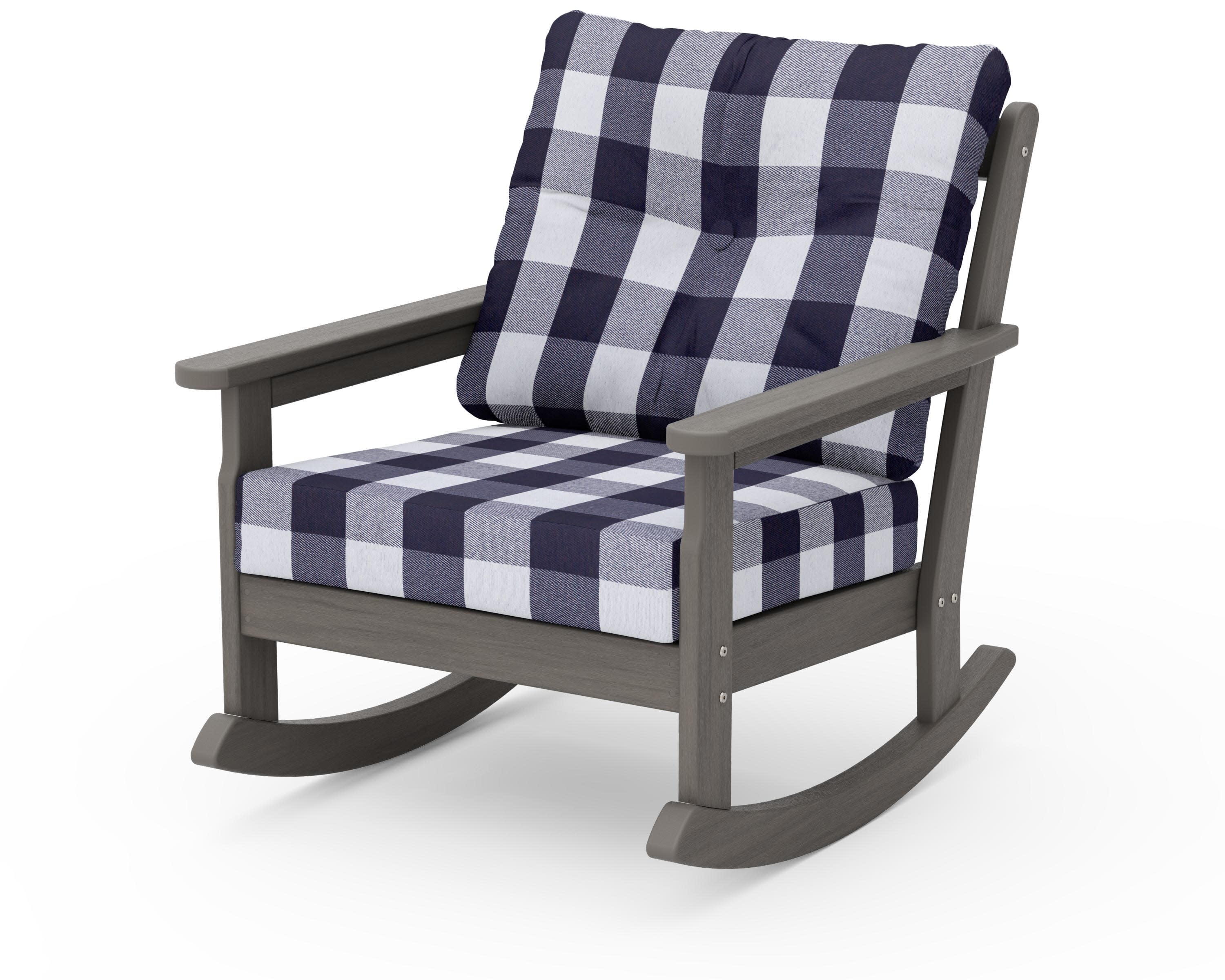 Vineyard Deep Seating Rocking Chair in Driftwood / Buffalo Plaid Navy