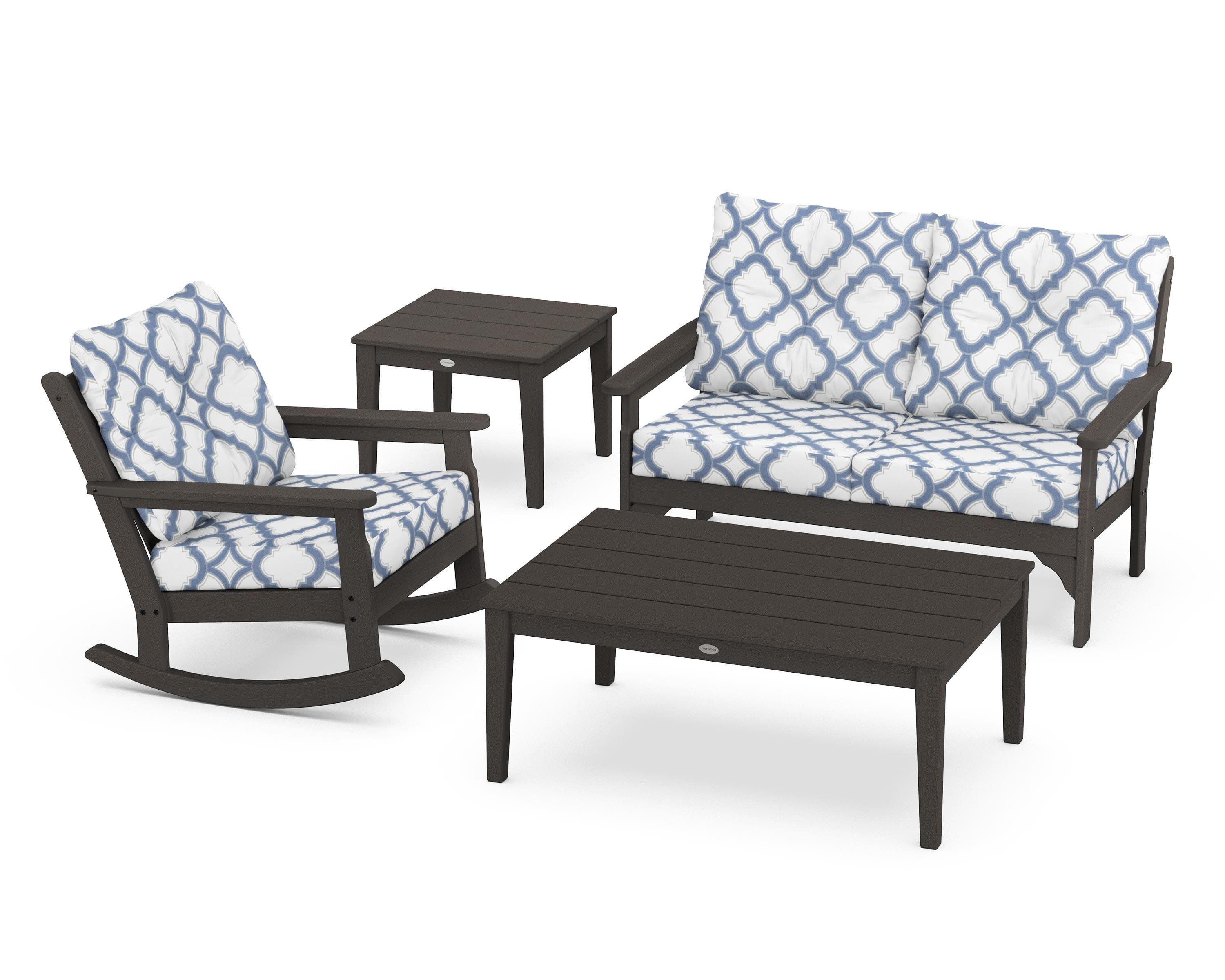 Vineyard 4-Piece Deep Seating Rocker Set in Vintage Coffee / Trellis Sky Blue