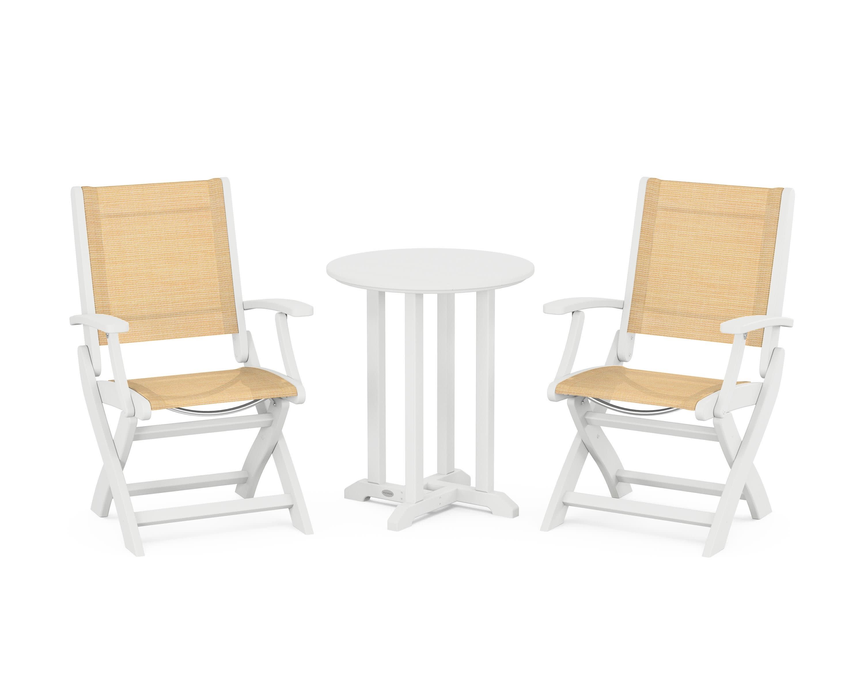 Coastal Folding 3-Piece Round Bistro Dining Set in White / Dupioni Apricot Sling