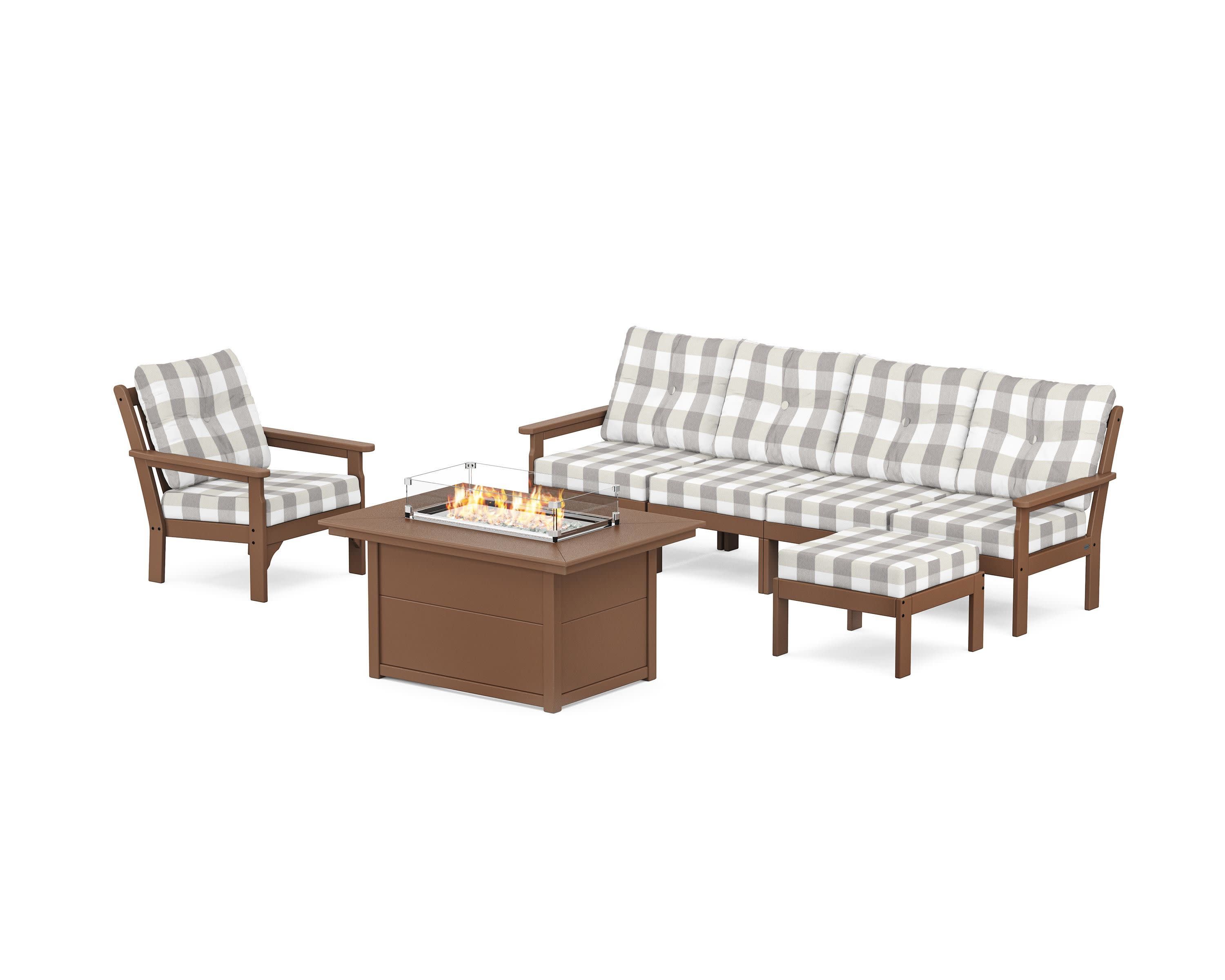 Vineyard Sectional Lounge and Fire Pit Set in Teak / Buffalo Plaid Grey Mist