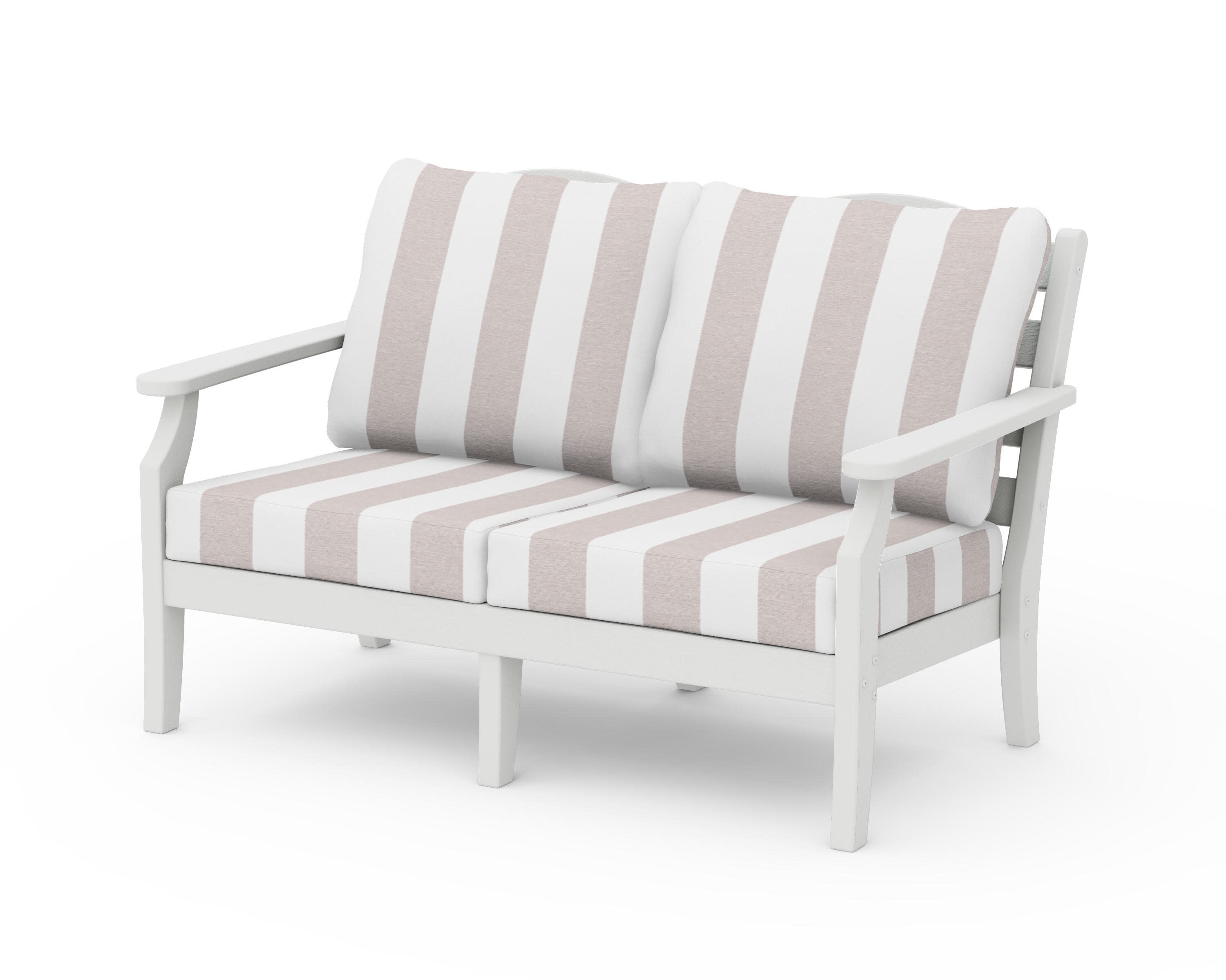 Savannah Deep Seating Loveseat in Vintage White / Cabana Stripe Dune Burlap