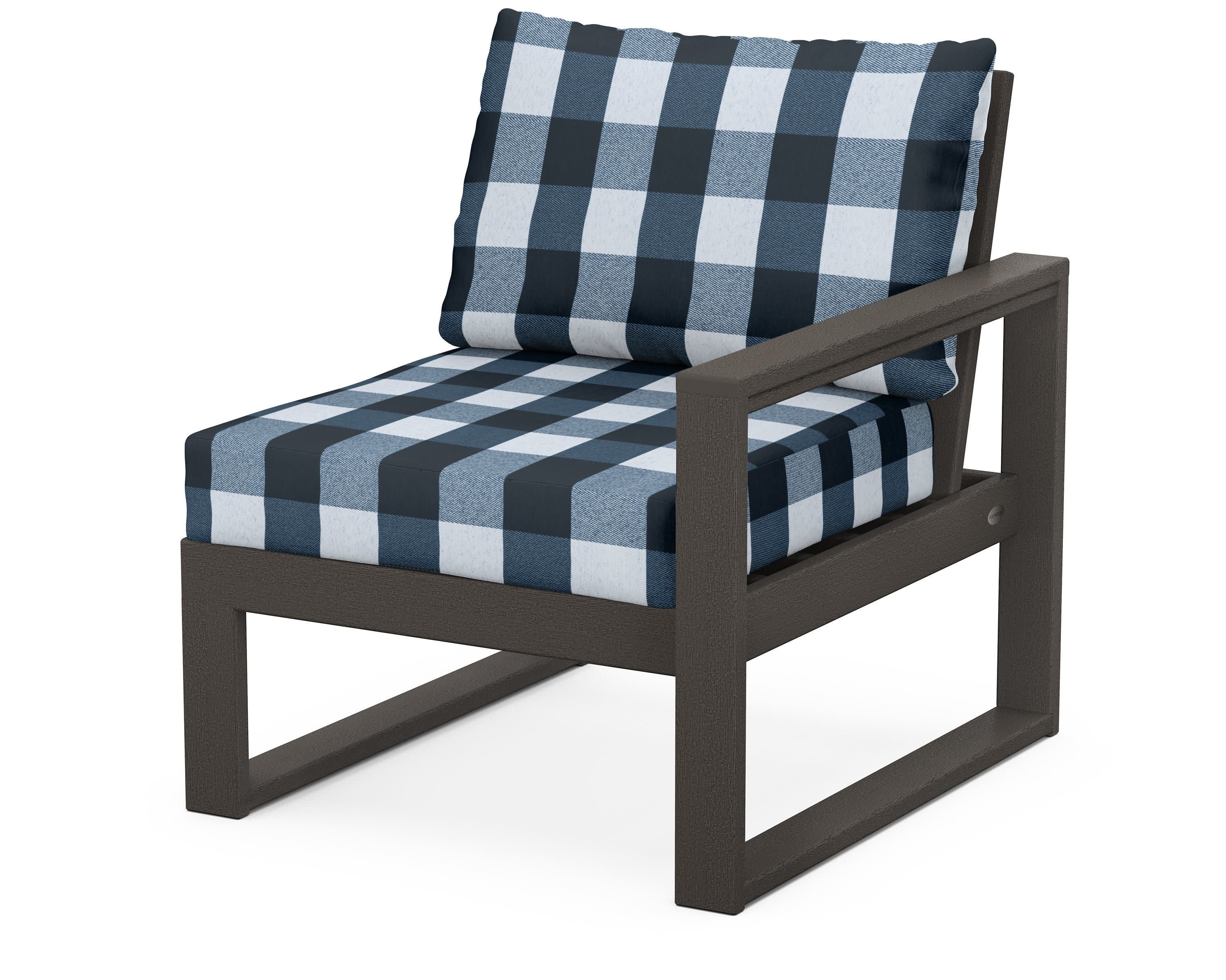EDGE Modular Right Arm Chair in Vintage Coffee / Buffalo Plaid Marine Indigo
