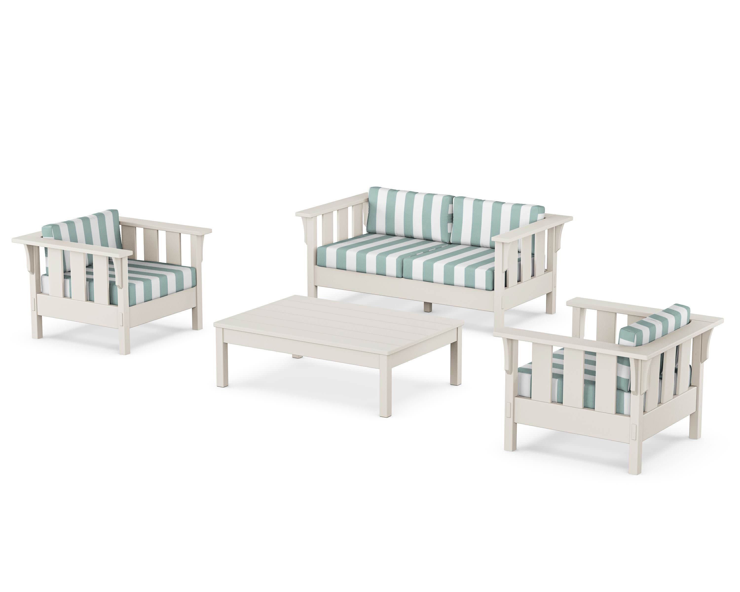 Acadia 4-Piece Deep Seating Set with Loveseat in Sand / Cabana Stripe Glacier Spa