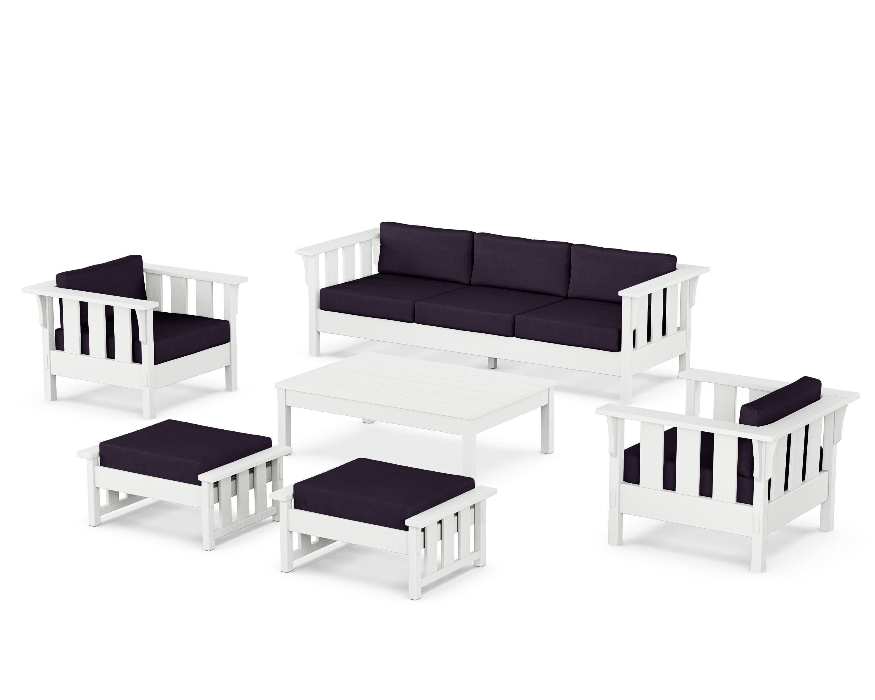 Acadia 6-Piece Lounge Sofa Set in White / Navy Linen