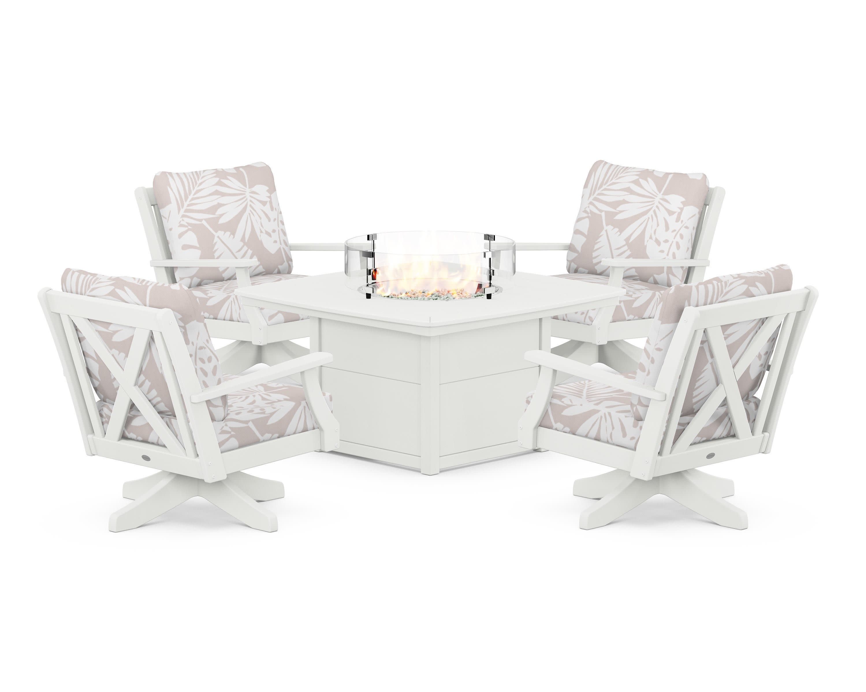 Braxton 5-Piece Deep Seating Swivel Conversation Set with Fire Pit Table in Vintage White / Leaf Dune Burlap