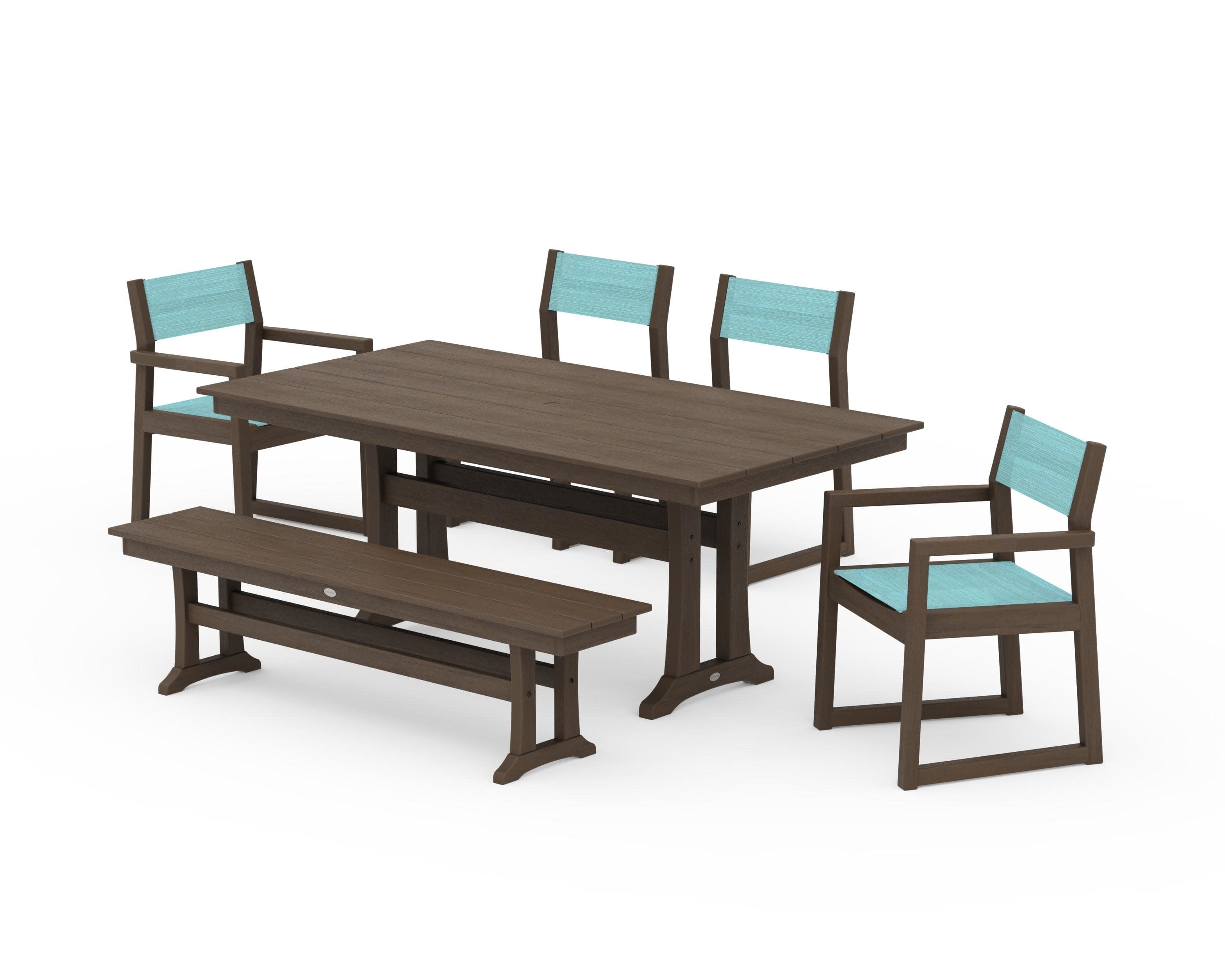EDGE Sling 6-Piece Farmhouse Dining Set With Trestle Legs in Kona / Dupioni Aquamarine Sling