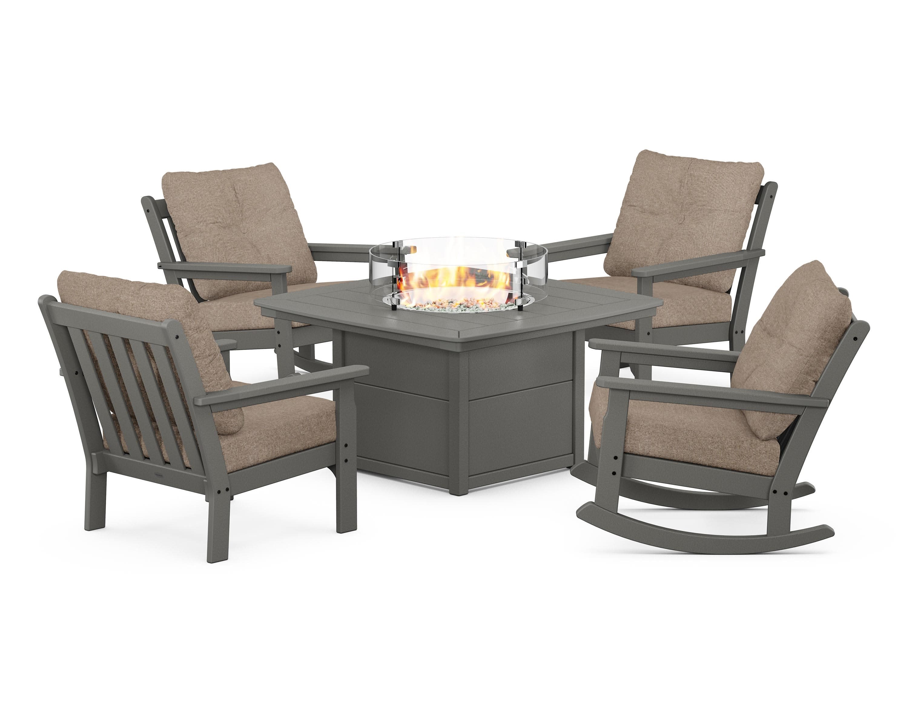 Vineyard 5-Piece Deep Seating Rocking Chair Conversation Set with Fire Pit Table in Slate Grey / Spiced Burlap
