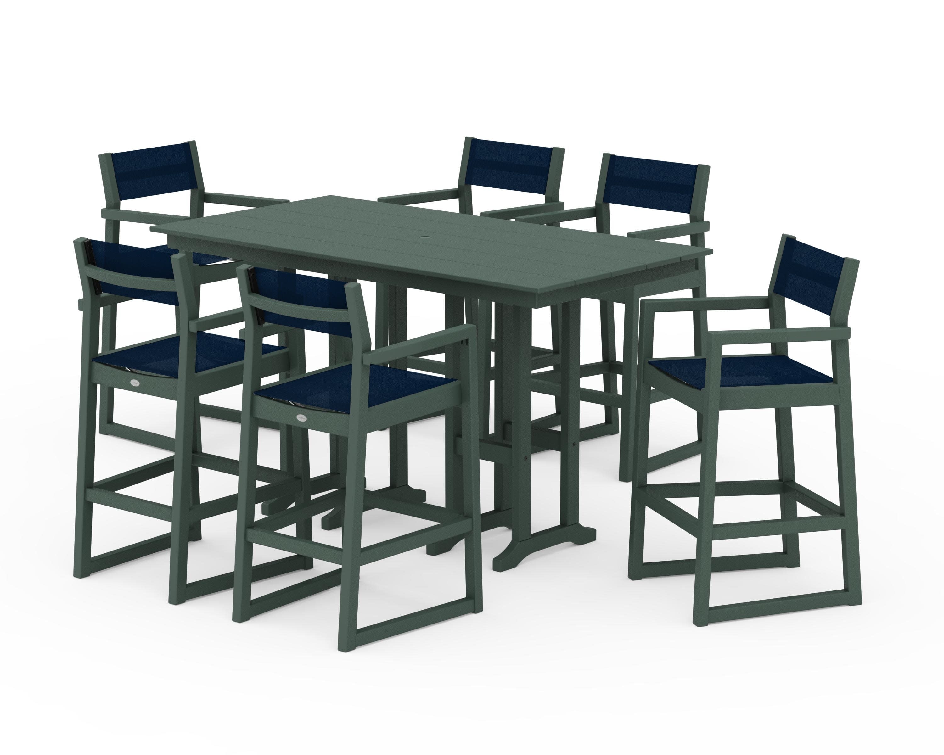 EDGE Sling Arm Chair 7-Piece Farmhouse Bar Set in Green / Navy Blue Sling